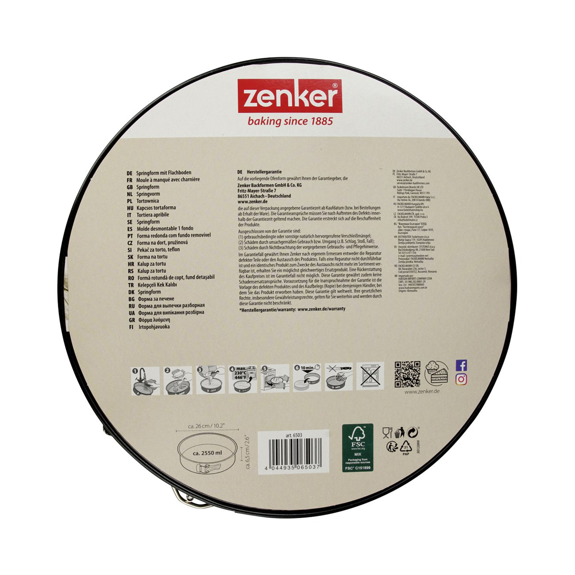Rückseite der 26 cm Springform Verpackung mit Anwendungshinweisen