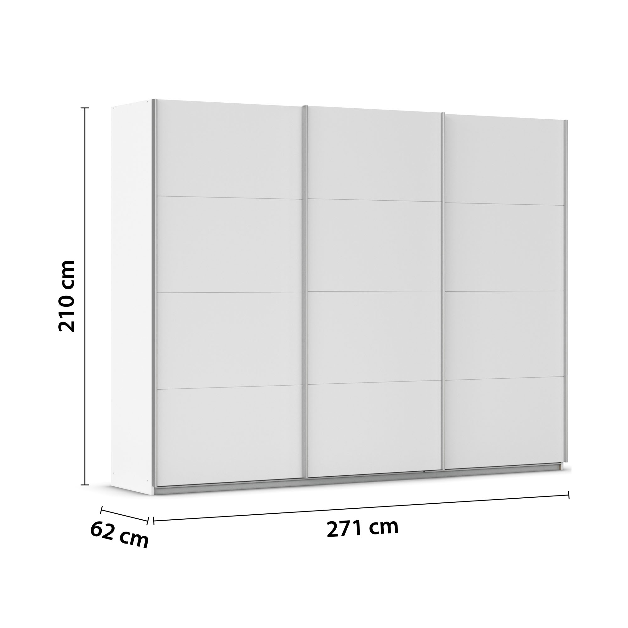 Weißer Kleiderschrank mit Maßangaben 271 cm Breite, 210 cm Höhe und 62 cm Tiefe