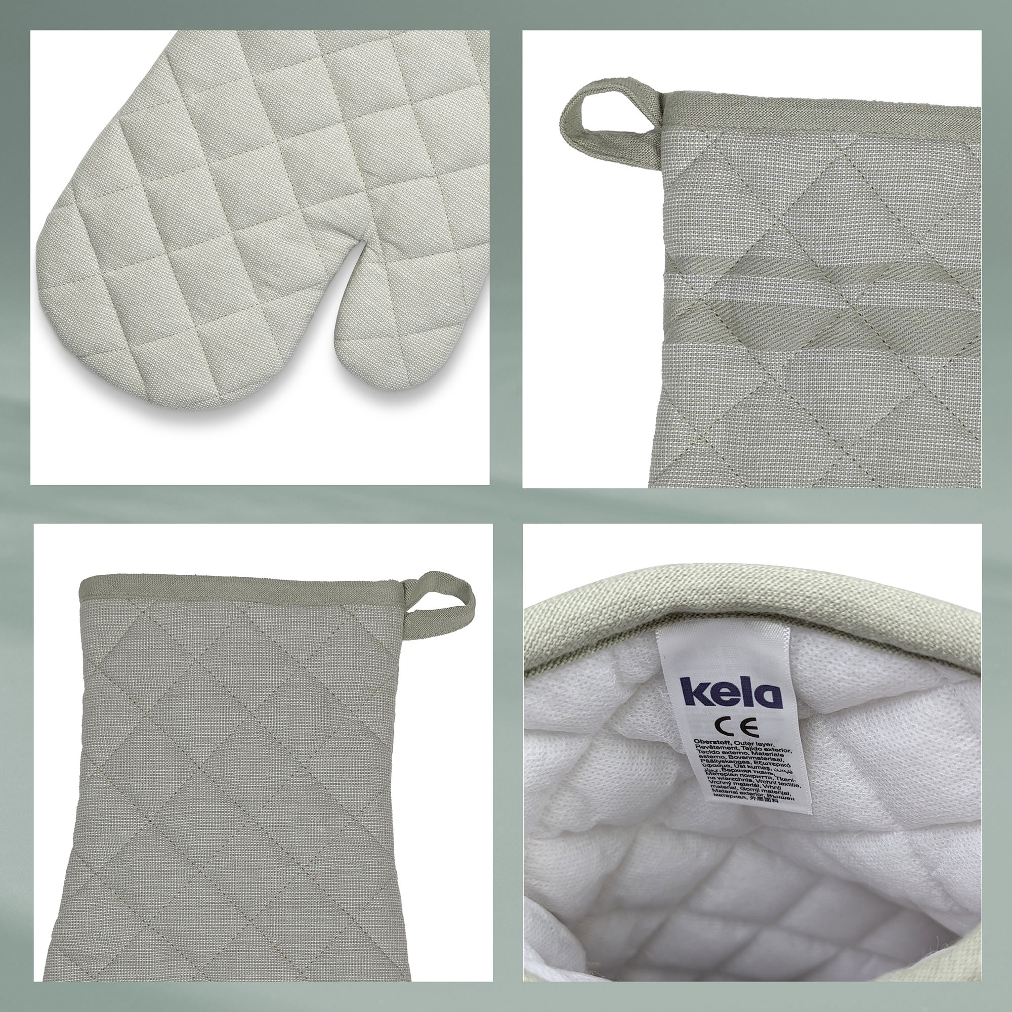 Collage mit Handschuhöffnung, Aufhängeschlaufe, Rautensteppung und eingenähtem Etikett des Topfhandschuhs in Rauchgrün