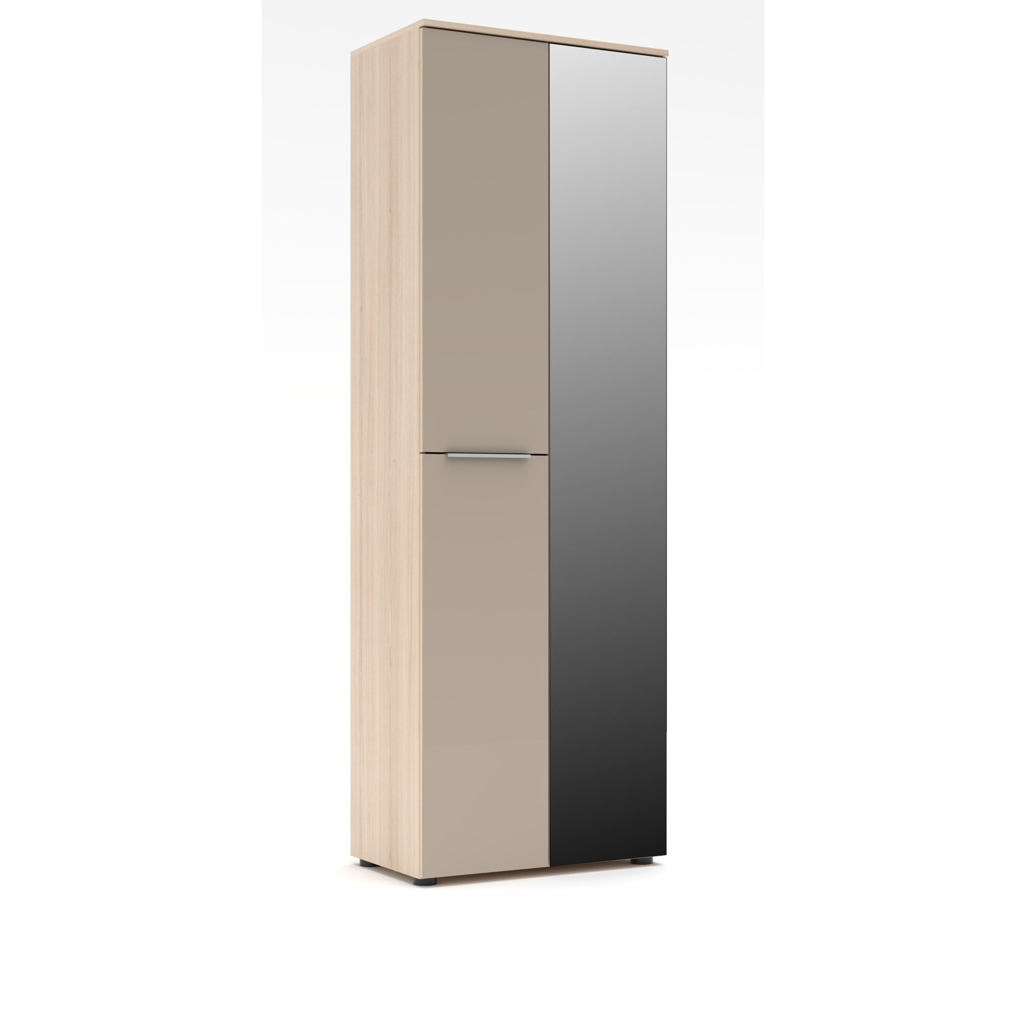 Hoher, schmaler Garderobenschrank in hellem Holzton mit zwei Fronten: links eine beige Tür mit Griff, rechts eine durchgehende Spiegelfront. Schrank frontal freigestellt vor weißem Hintergrund.