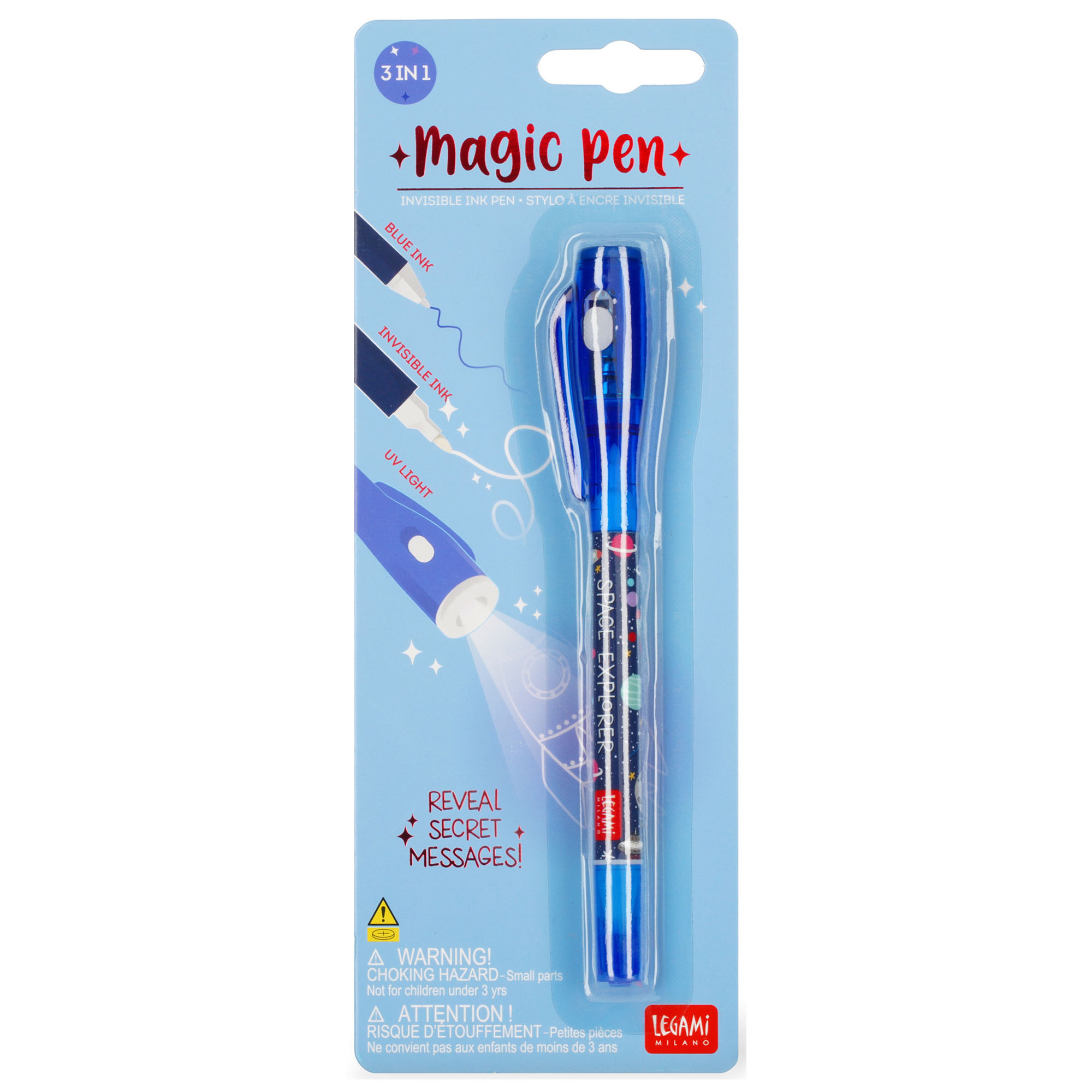 Blauer Geheimstift mit Weltraummotiv, in einer transparenten Blisterverpackung abgebildet.