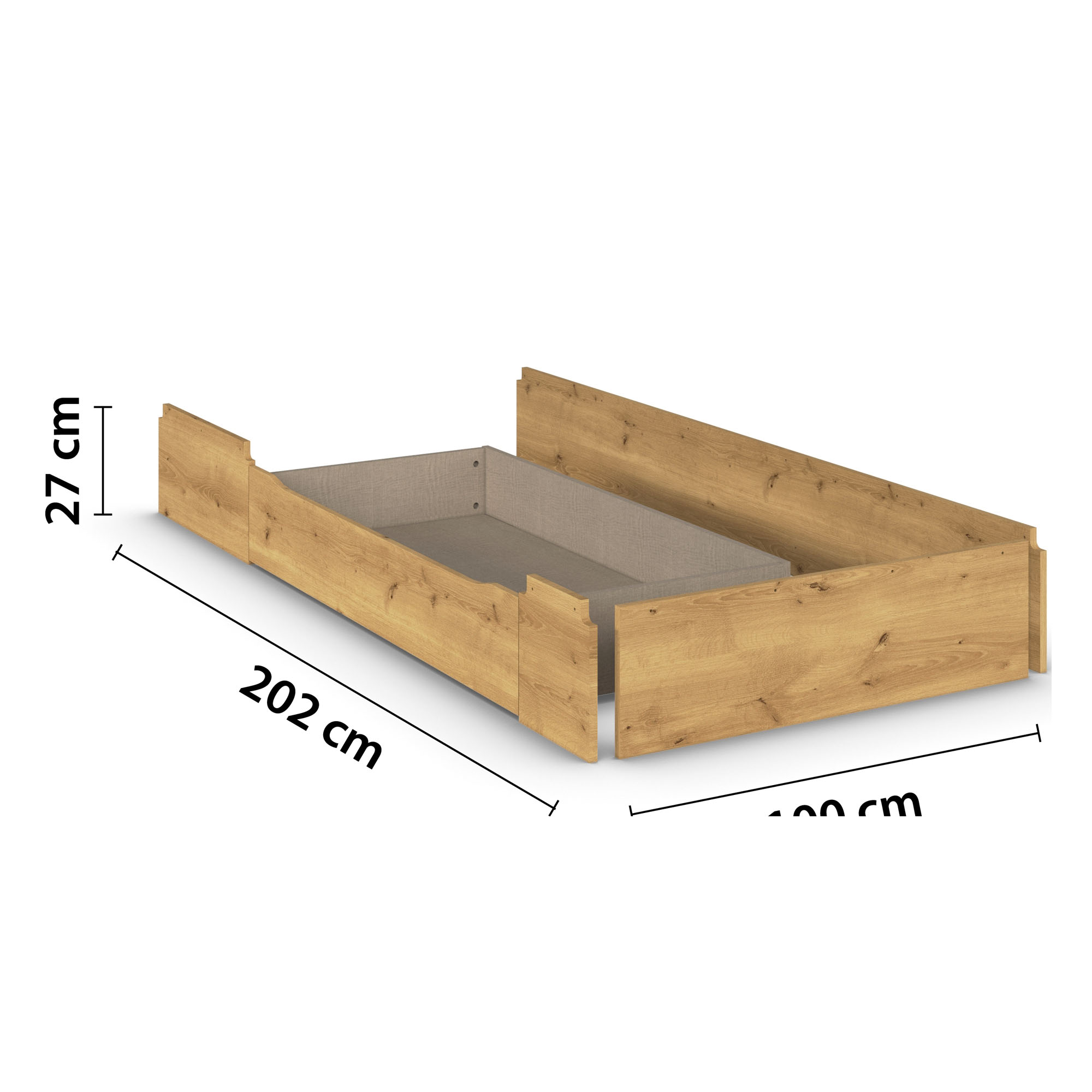 Sockelschubkasten in Asteiche mit Maßangaben 27 cm Höhe, 202 cm Länge und 100 cm Tiefe, auf weißem Hintergrund