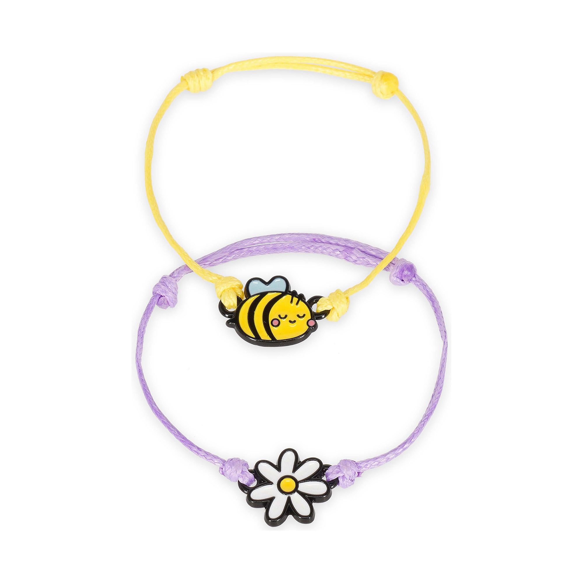 Zwei Armbänder mit Bienen- und Blumenanhänger, mit zwei Armbändern locker überlappend gezeigt.
