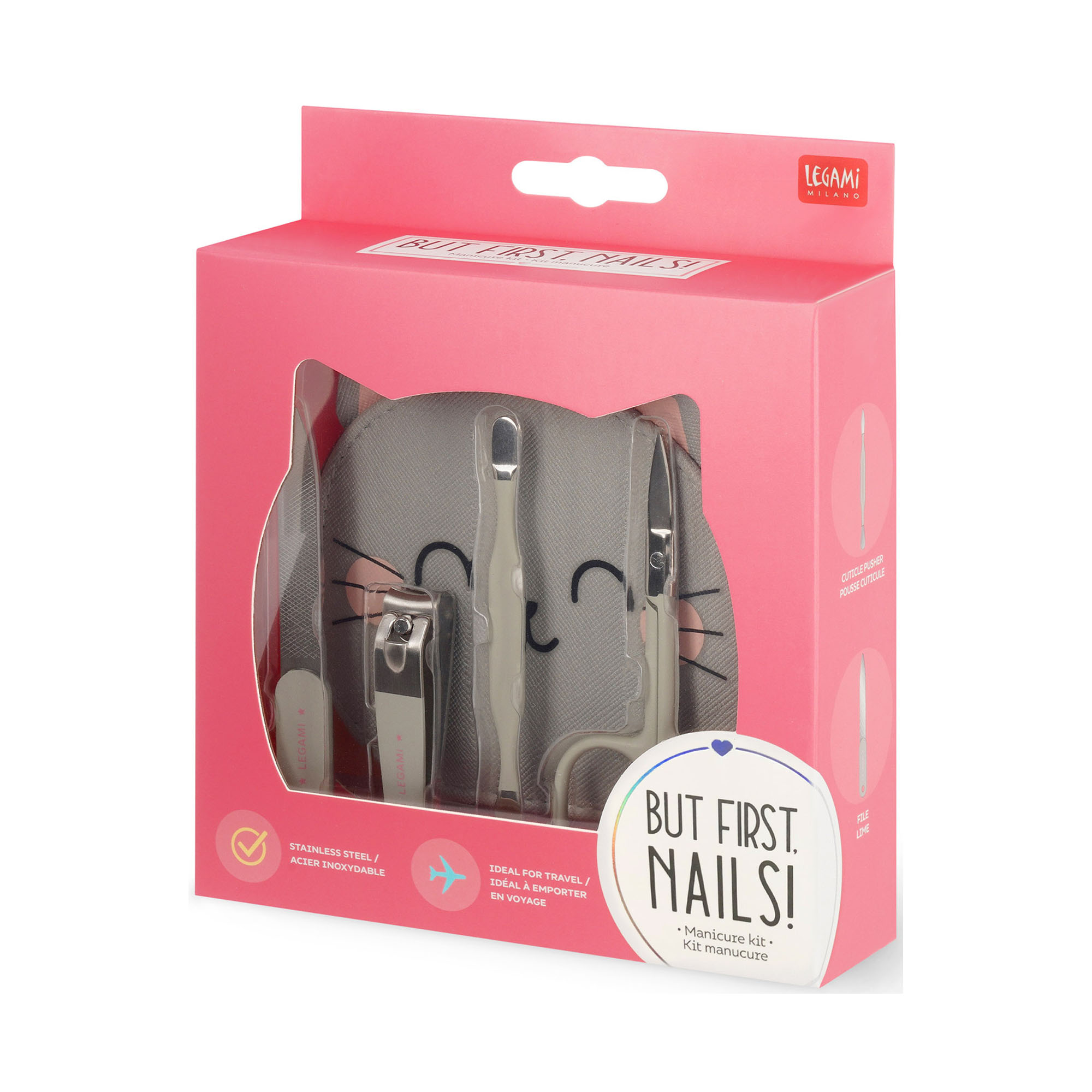 Graues Maniküre-Set in Katzenform, in einer pinkfarbenen Fensterverpackung abgebildet.