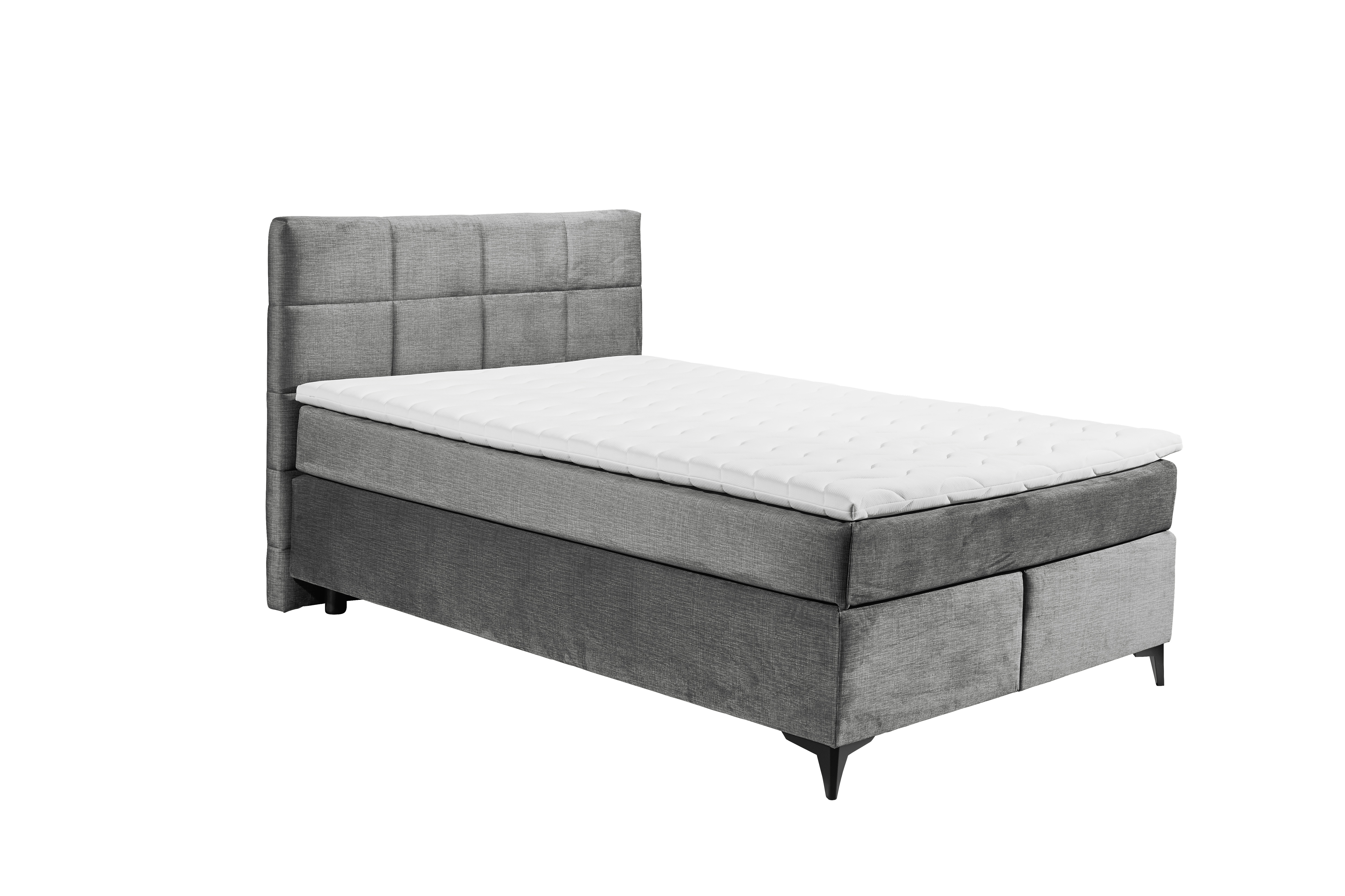 Boxspringbett „Voss 15 grey“ mit grauem Bezug, HR-30-Topper und 7-Zonen-Tonnentaschenfederkern-Matratze, aus schräger Perspektive aufgenommen, ohne Kissen auf der Liegefläche