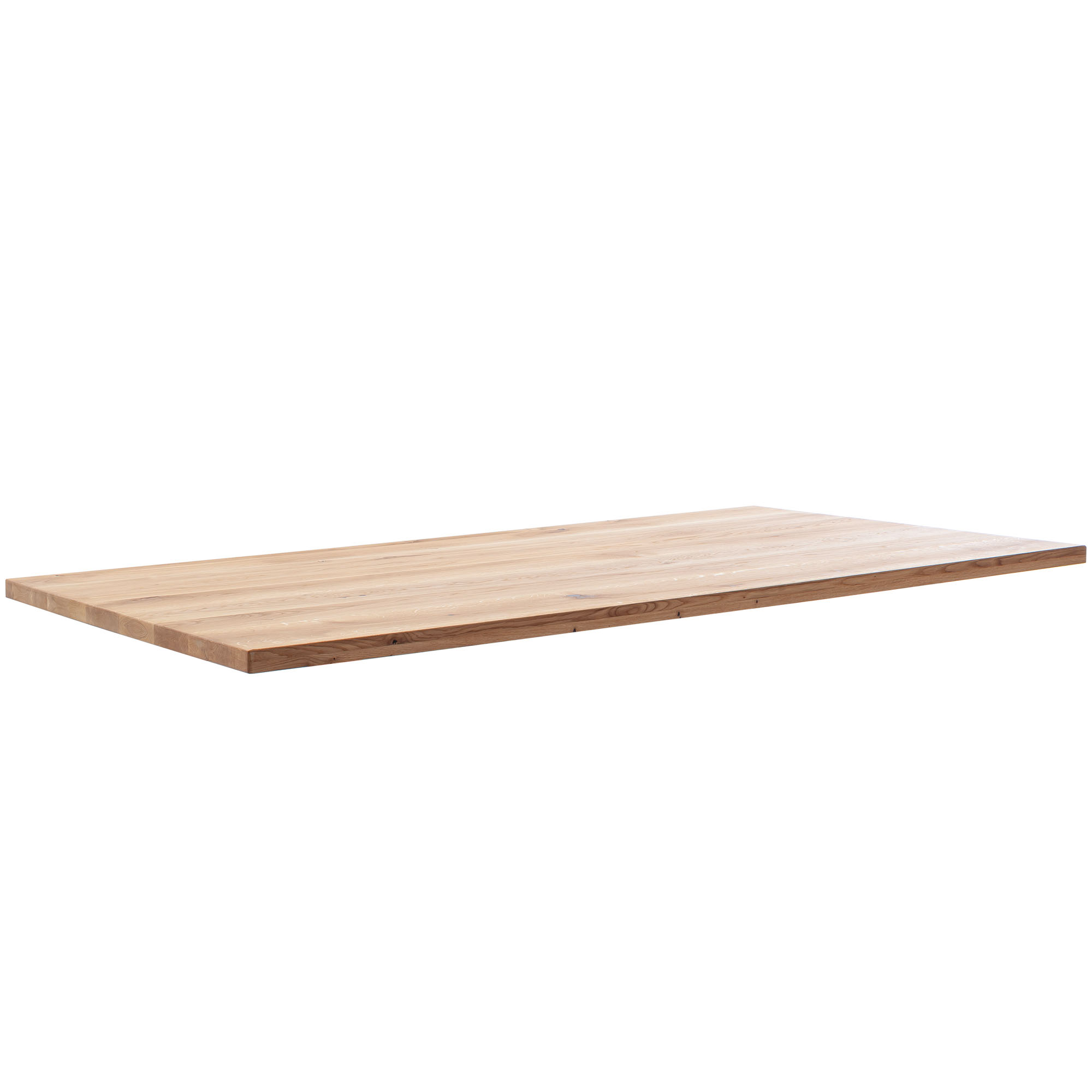 Rechteckige Tischplatte aus hellem Holz mit natürlicher Maserung, vor weißem Hintergrund.