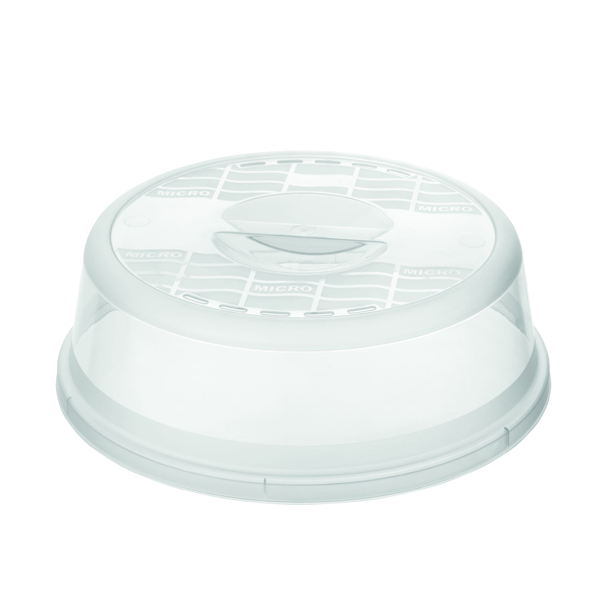Runde Mikrowellenhaube aus transparentem Kunststoff mit Belüftungsöffnung im Deckel