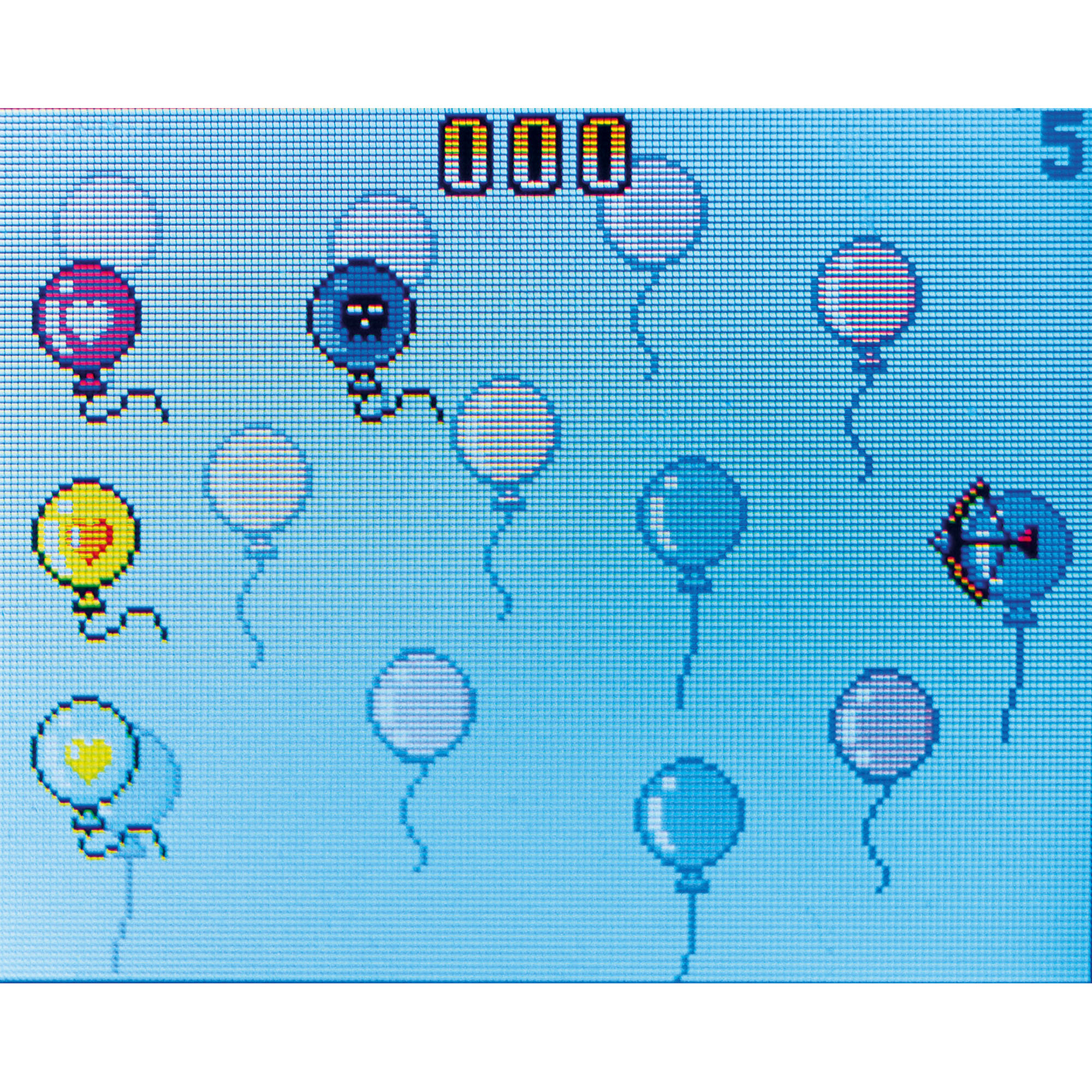 Blau-gelbes Mini-Arcade-Spiel, mit einem Bildschirmfoto eines Spiels mit bunten Ballons gezeigt.