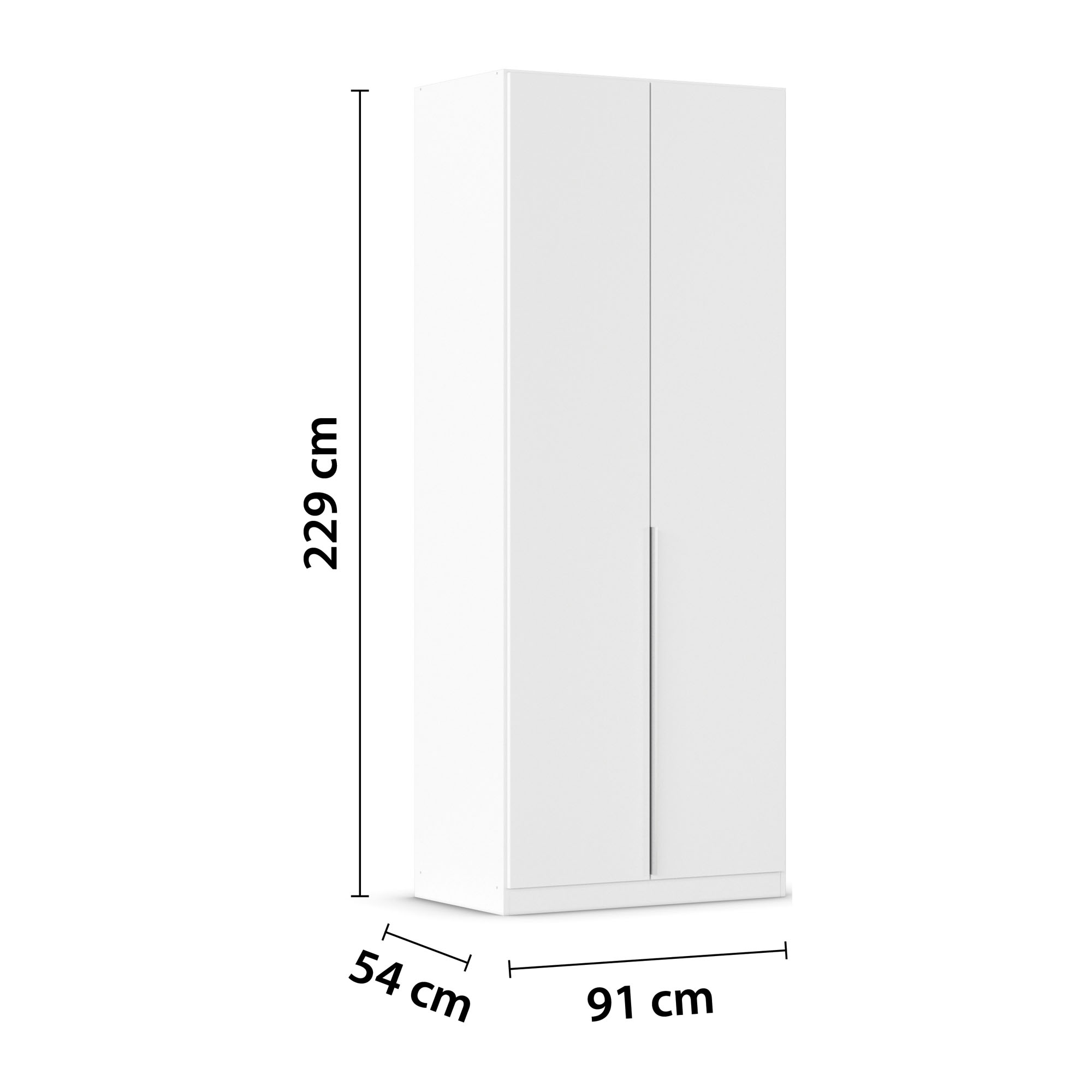Weißer Kleiderschrank mit eingezeichneten Maßen von 229 cm Höhe, 91 cm Breite und 54 cm Tiefe