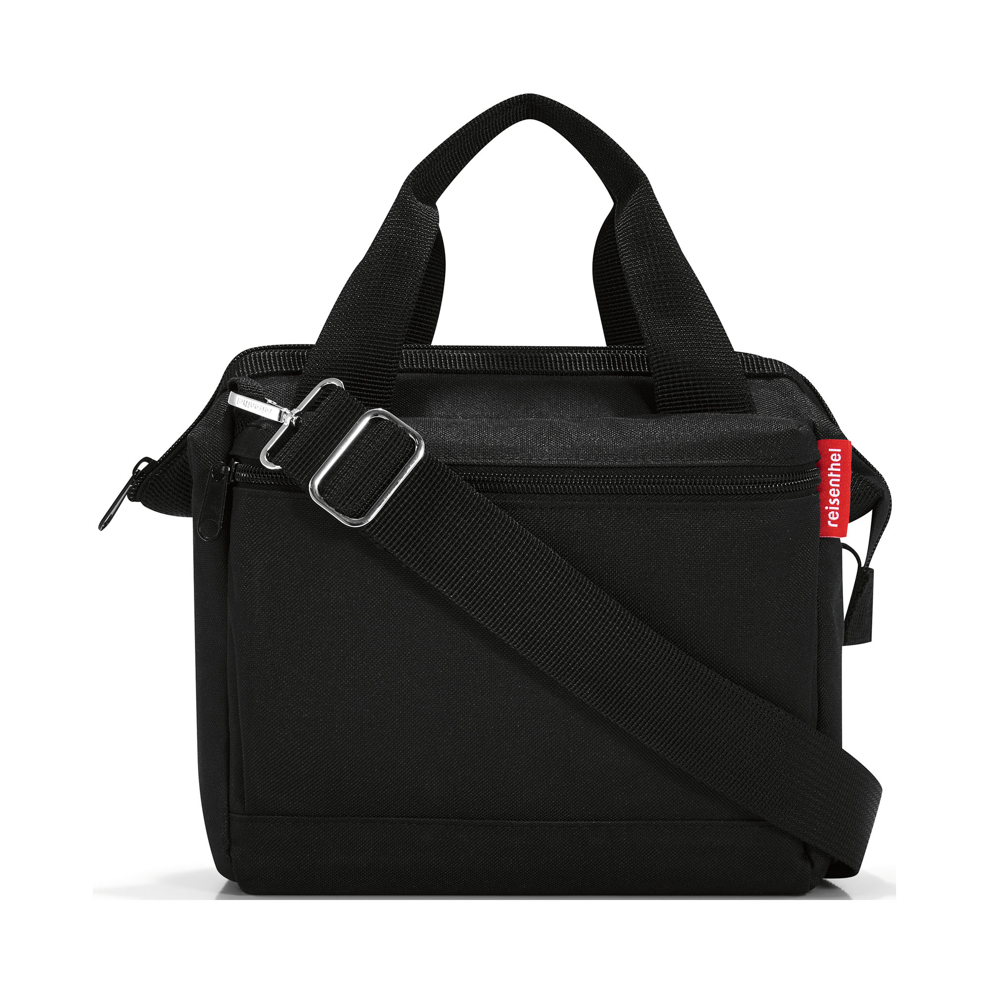 Umhängetasche von Reisenthel, Modell Allrounder Cross, in Schwarz, frontal mit kurzen Tragegriffen und diagonal liegendem Schultergurt.