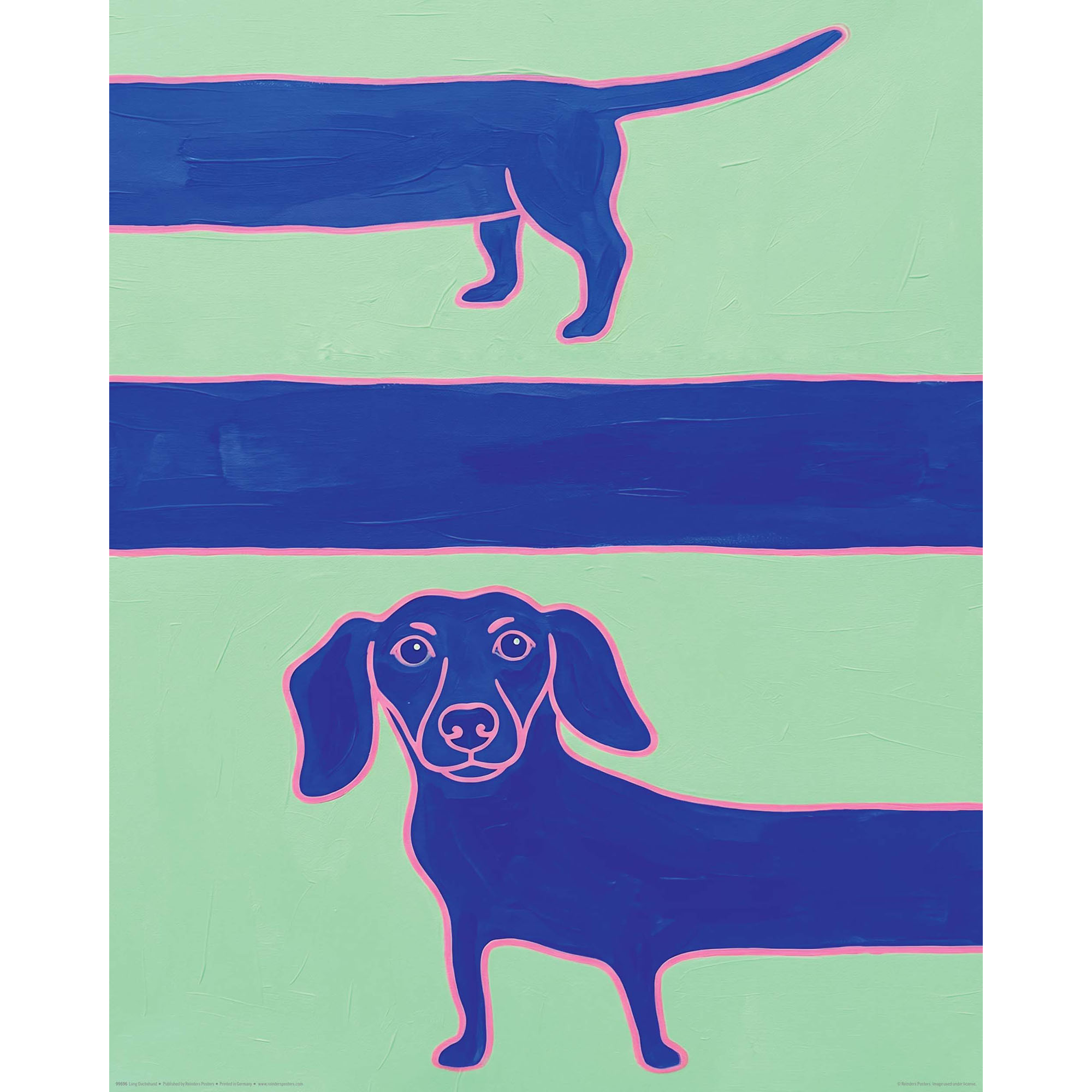 Hochformatiges Dackelbild mit zwei dunkelblauen Dackelillustrationen und breiten horizontalen Streifen in Blau auf hellgrünem Hintergrund