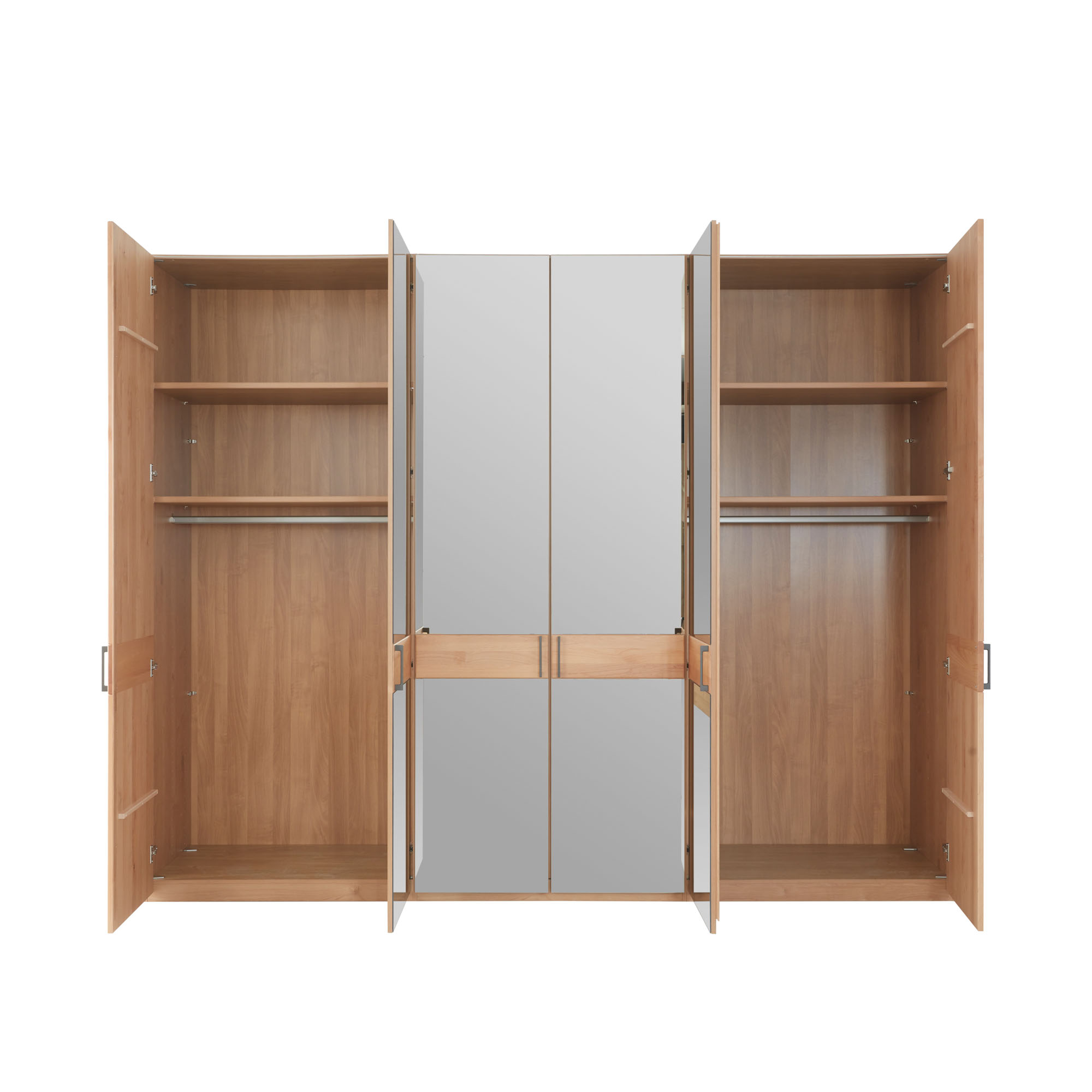 Geöffneter Kleiderschrank mit Einlegeböden und Kleiderstangen in Holzoptik sowie mittleren geschlossenen Türelementen in Grau