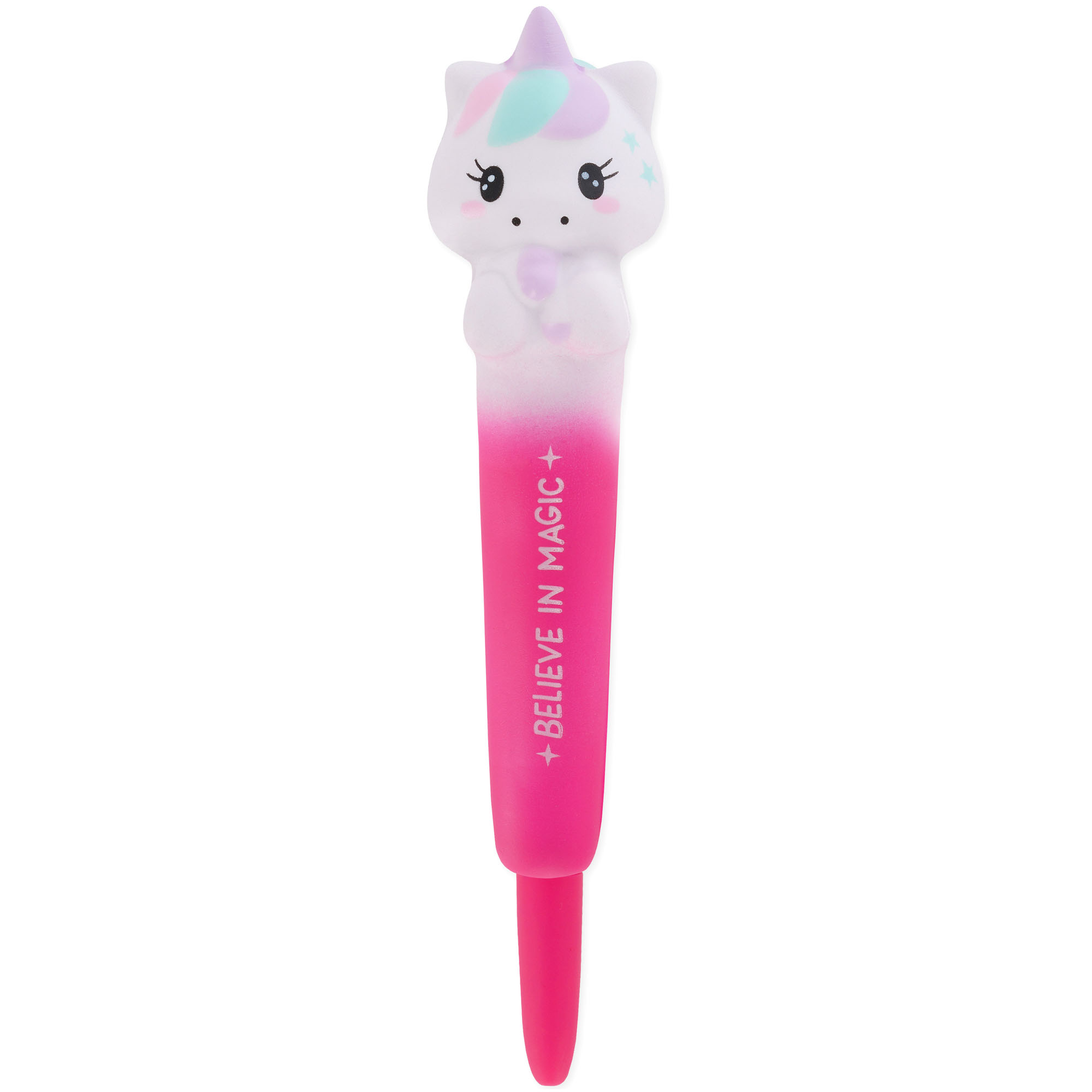 Pinker Gelstift mit weichem Einhorn-Aufsatz, vollständig und senkrecht auf weißem Hintergrund gezeigt.