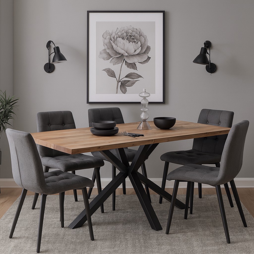 Holz-Esstisch mit schwarzem Metallgestell, umgeben von fünf grauen Polsterstühlen. Der Tisch ist gedeckt mit schwarzem Geschirr und dekorativen Elementen, an der Wand hängt ein großformatiges Blumenbild.