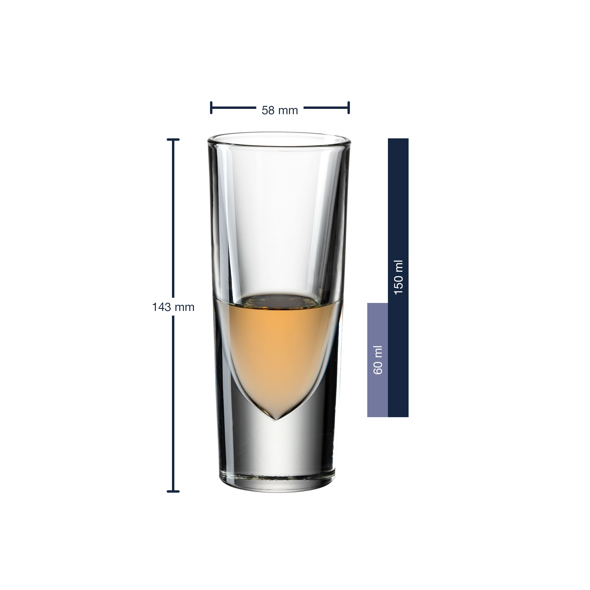 Schnapsglas mit Maßangaben 143 mm Höhe, 58 mm Durchmesser und 150 ml Fassungsvermögen