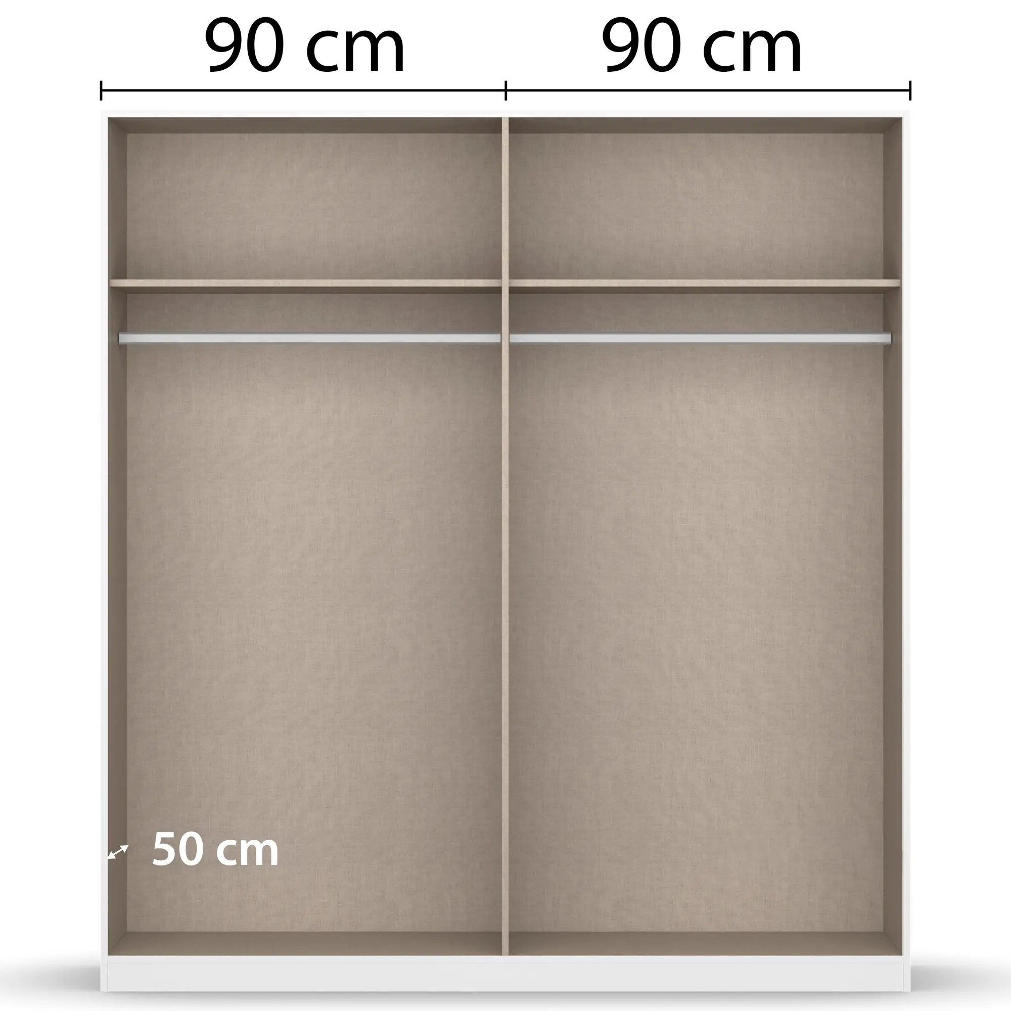 Innenansicht eines Kleiderschranks mit zwei gleich großen Bereichen à 90 cm Breite und Kleiderstangen sowie Ablagefächern