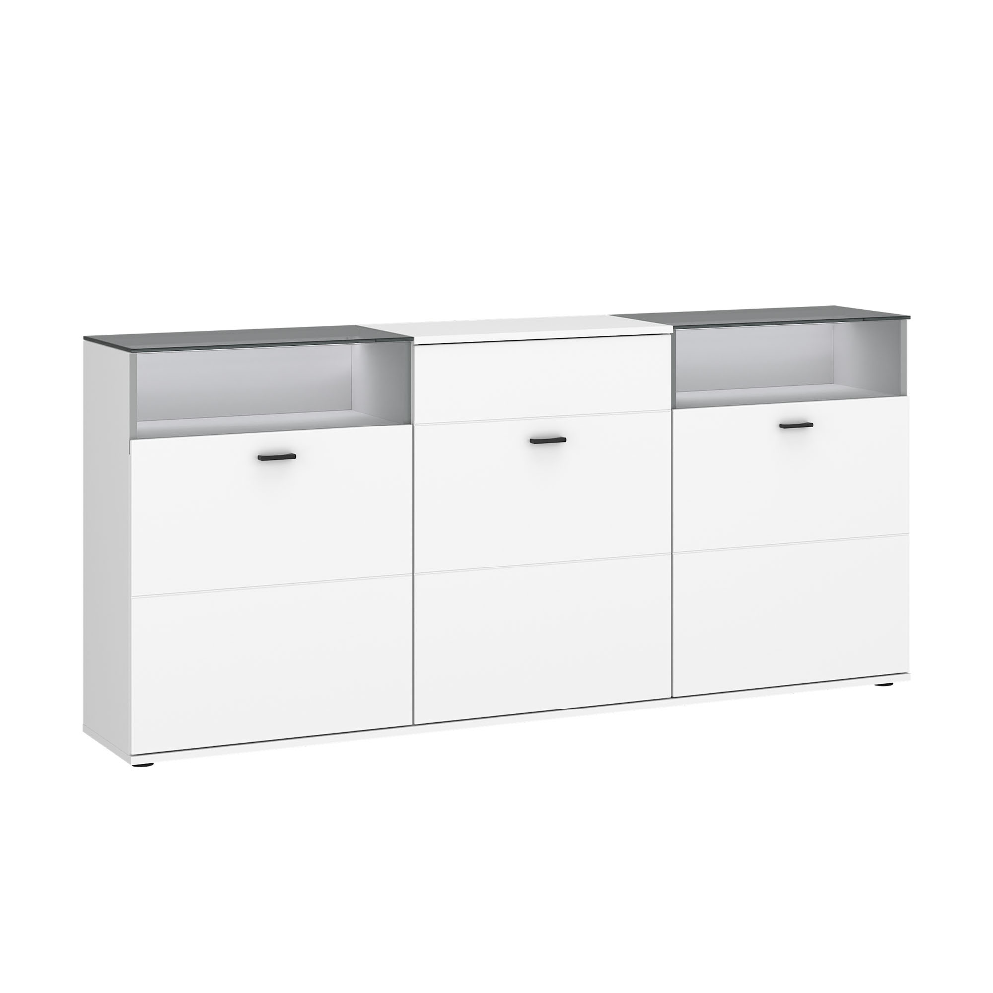 Modernes Sideboard in Weiß mit drei Klappen, offenen Fächern und seitlichen Glasablagen