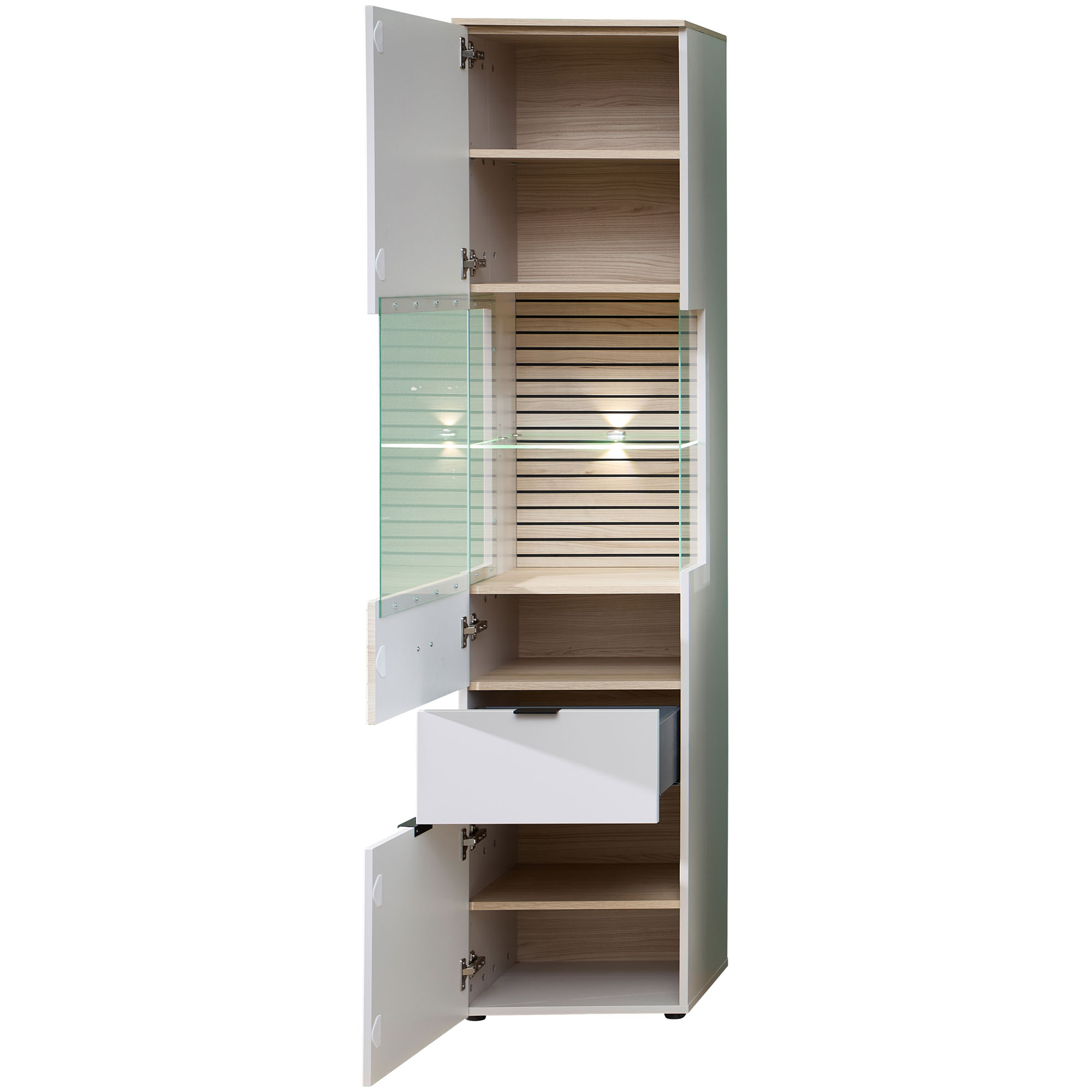 Die Vitrine ist geöffnet. Innen sind mehrere Regalfächer oben und unten sichtbar, mittig ein beleuchteter Bereich mit Lamellenrückwand. Eine Schublade ist ausgezogen.