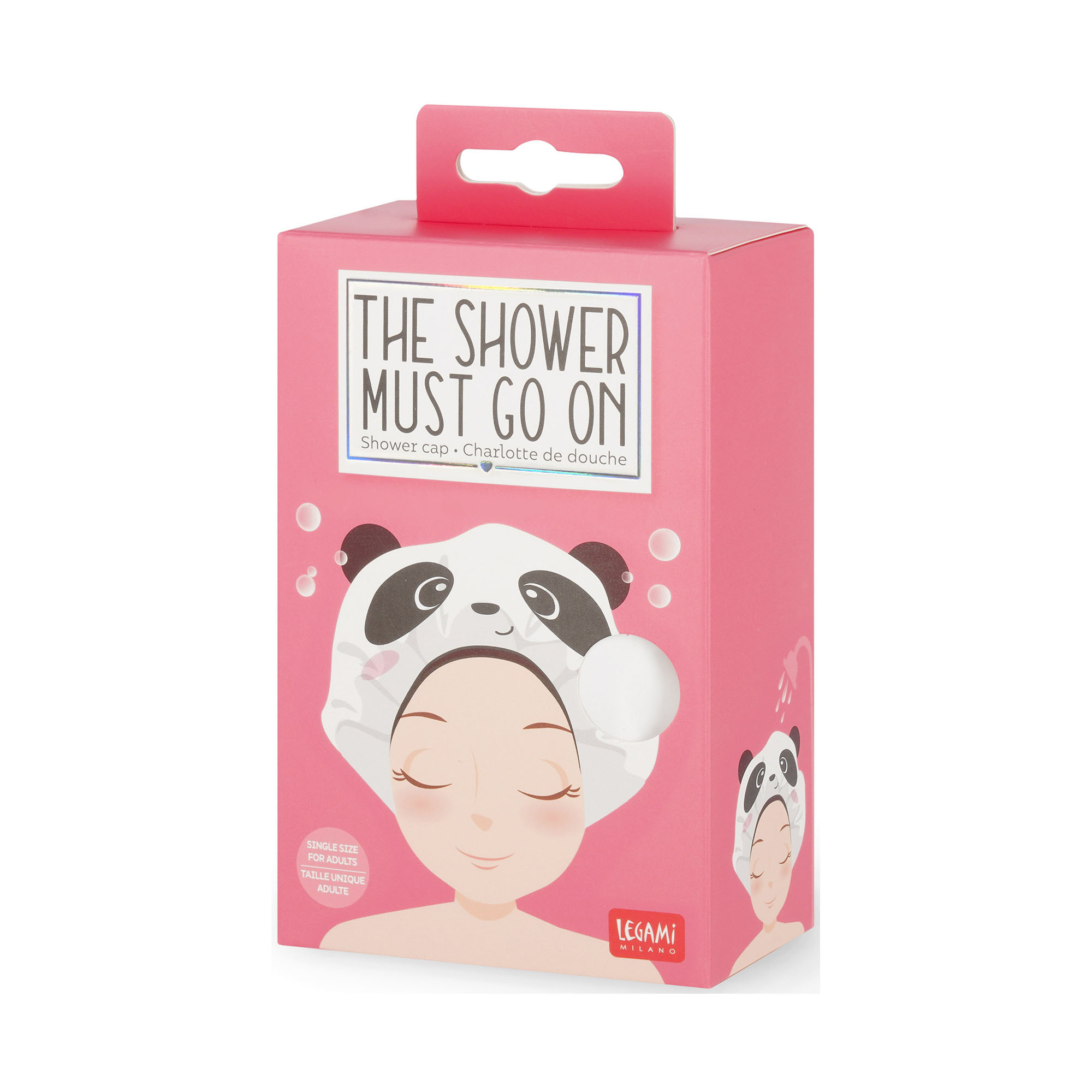 Weiße Duschhaube im Panda-Design, in einer pinkfarbenen Kartonverpackung abgebildet.