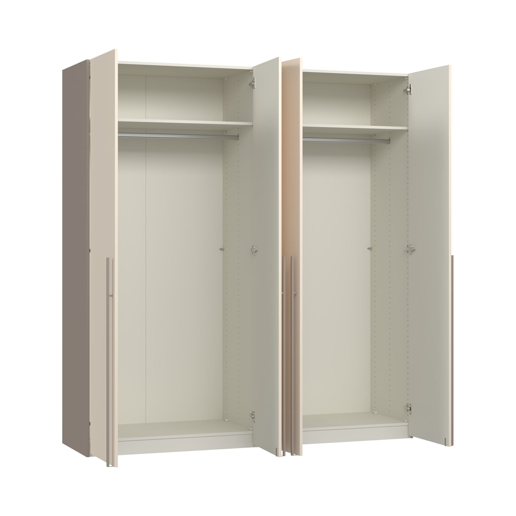 Mehrtüriger Kleiderschrank mit geöffneten Türen und sichtbarem Innenraum mit Einlegeböden und Kleiderstangen