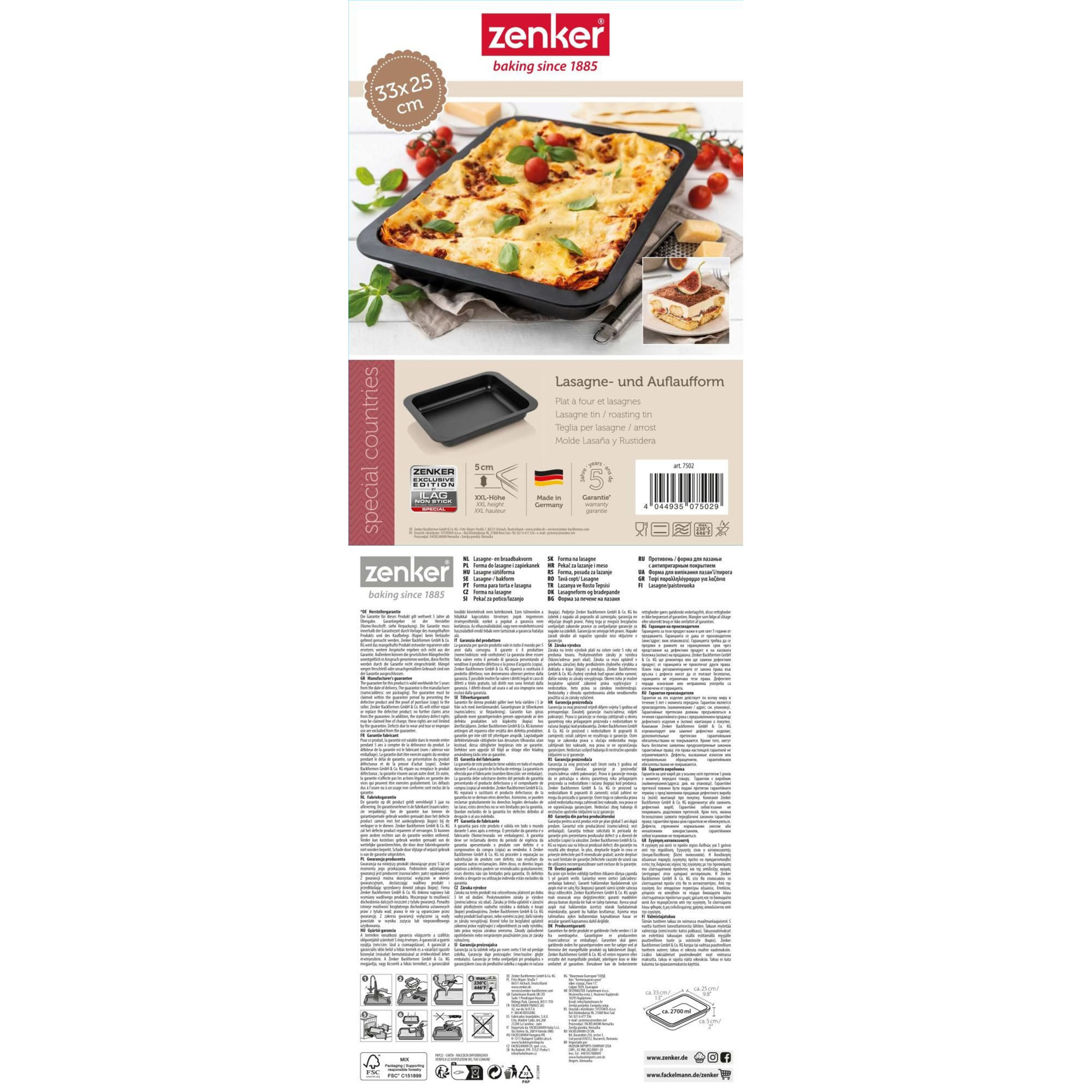 Rückseite der Verpackung einer Auflaufform mit technischen Daten, Symbolen und Produktinfos