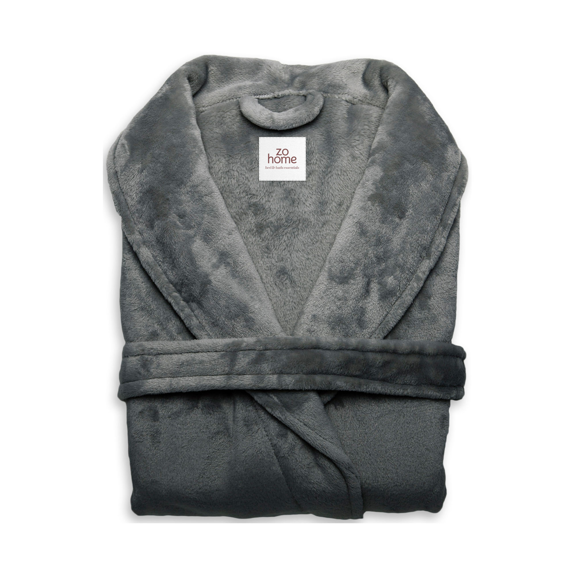Cara Bademantel in Dark Grey, Größe M: zusammengefalteter Bademantel aus einfarbigem, flauschig wirkendem Stoff, mit sichtbarem Schalkragen und Bindegürtel.