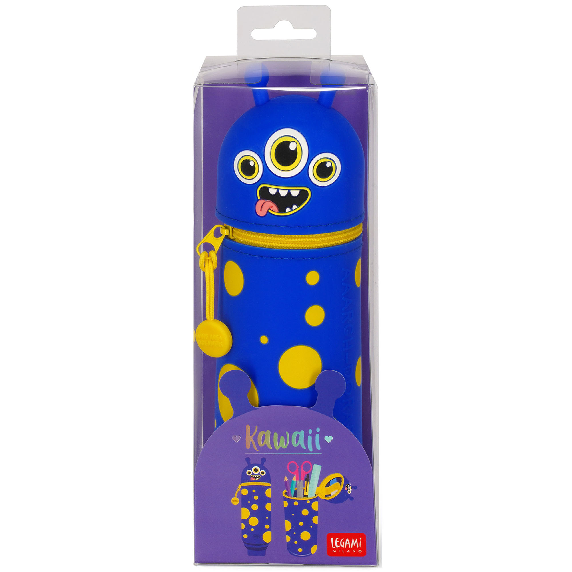Blaues 2-in-1-Silikon-Federmäppchen im Monster-Design, in einer lilafarbenen Fensterverpackung abgebildet.