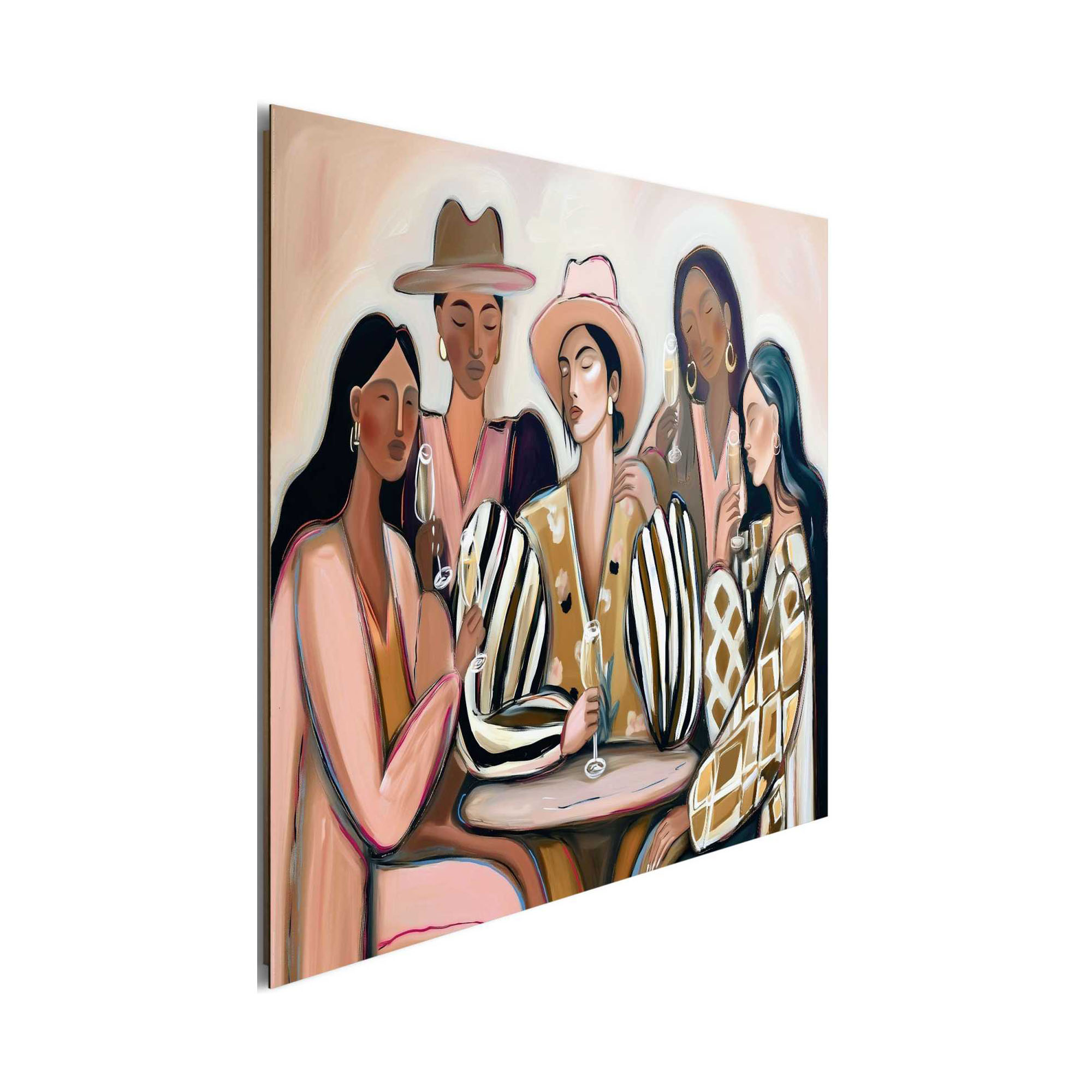 Seitliche Schrägansicht des Wandbilds „Party People“, 60 × 90 cm; Profil, Kante und Tiefe des Bildes sind erkennbar.