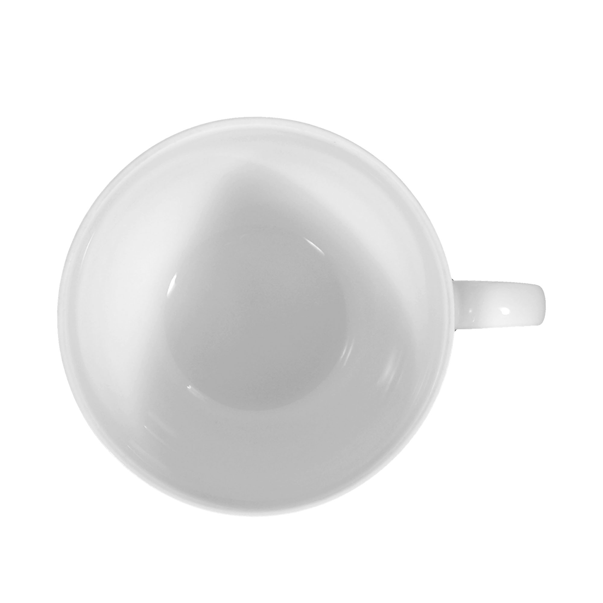 Tasse in Weiß; Draufsicht. Sichtbare Gestaltung: bauchige Form mit rundem Henkel.
