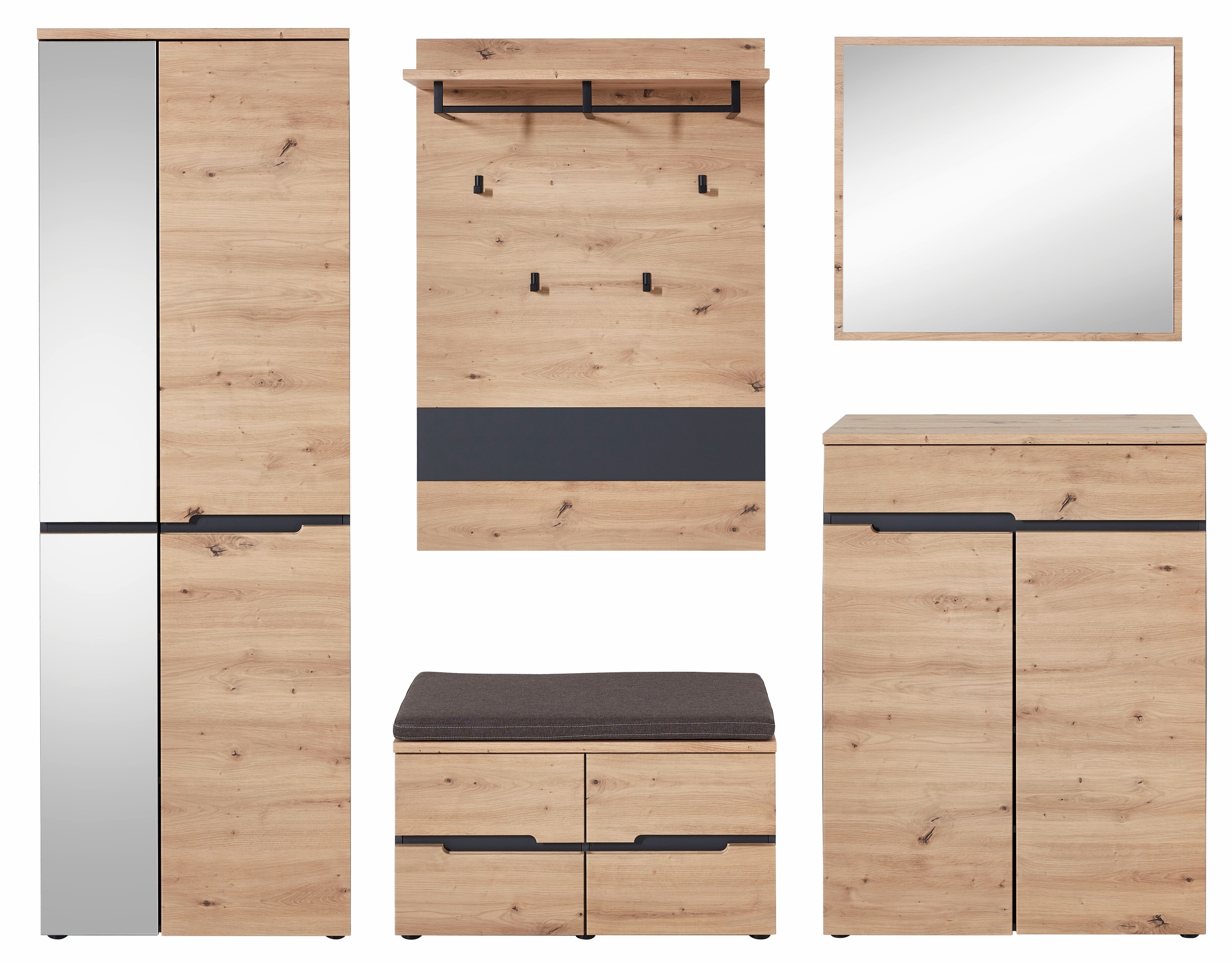 Fünfteiliges Garderoben-Set in Holzoptik mit hohem Schrank, Wandpaneel, Sitzbank, Kommode und Spiegel, frontal vor weißem Hintergrund dargestellt.
