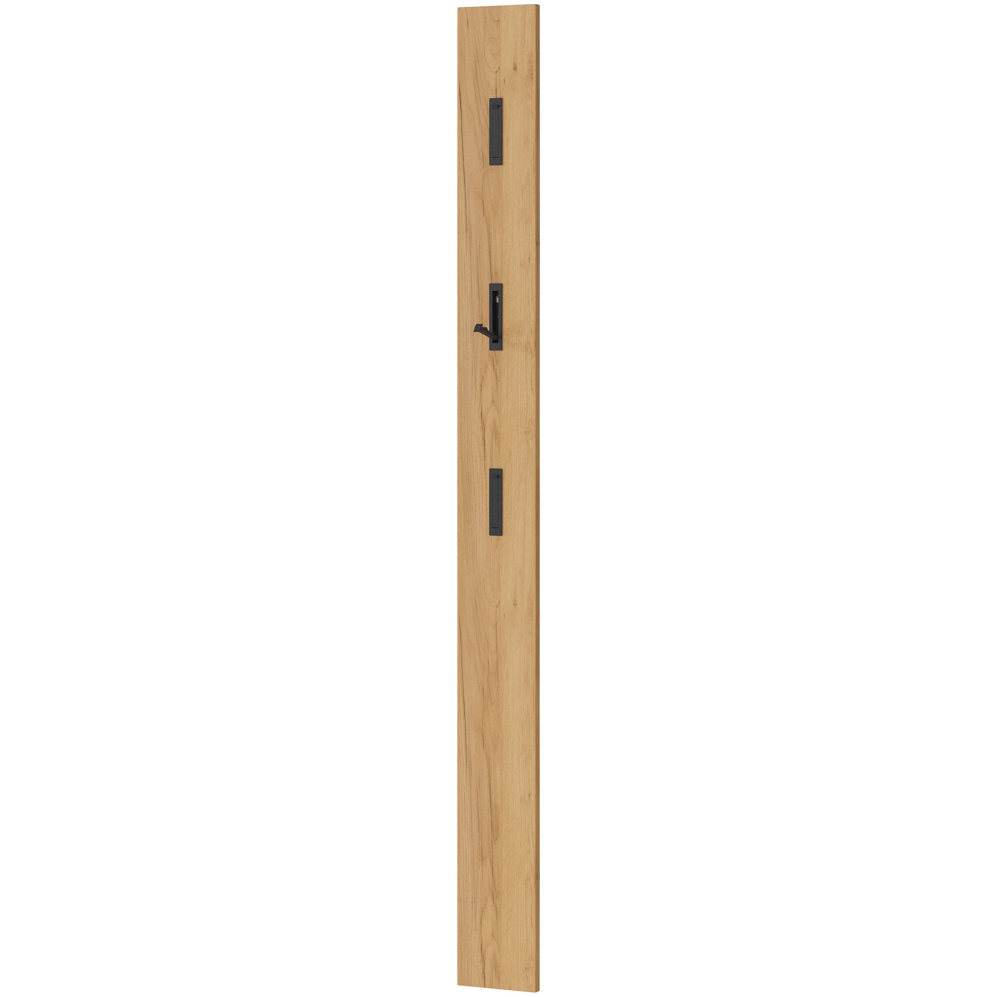 Seitliche Ansicht einer schmalen Holzleiste mit sichtbar ausgeklapptem mittleren Garderobenhaken
