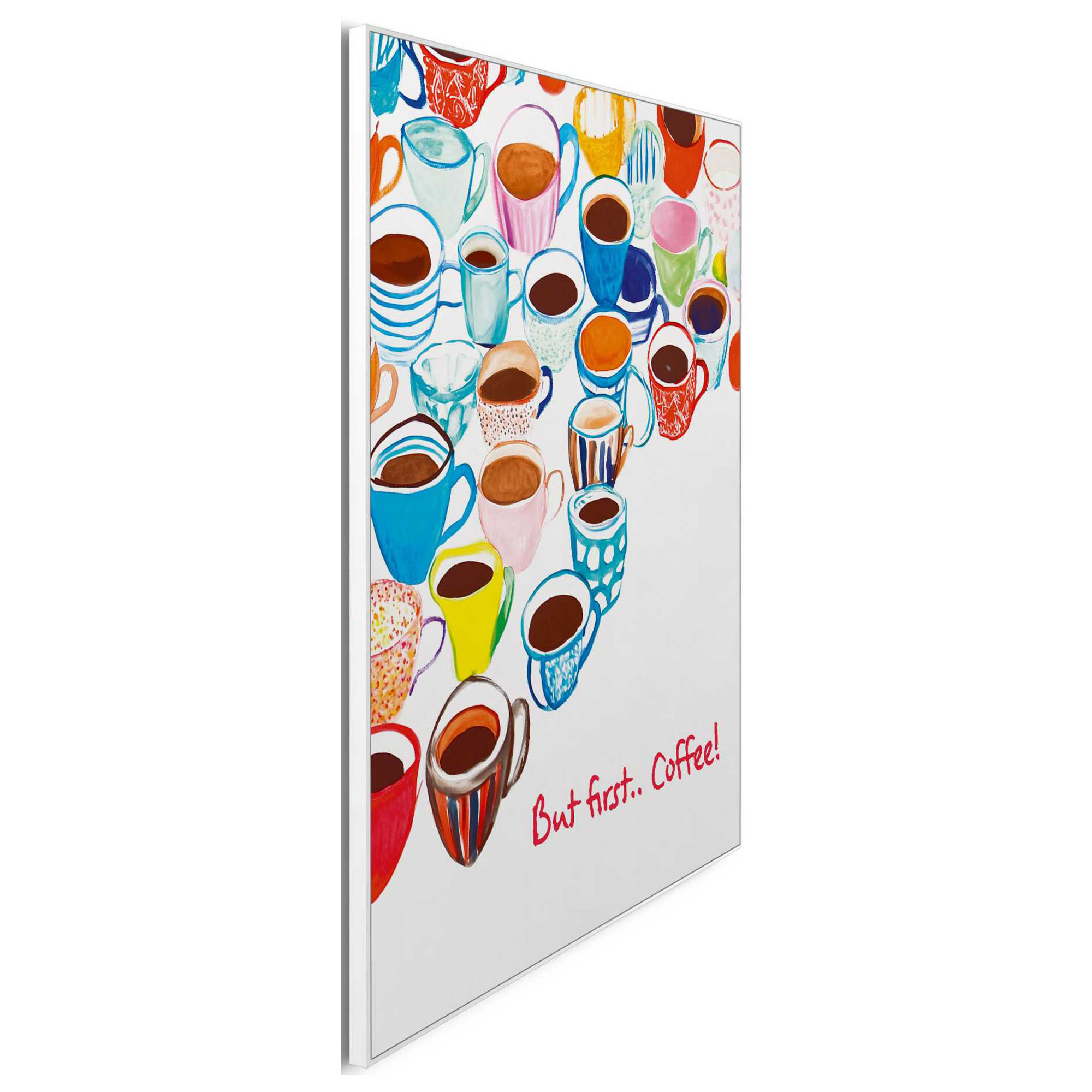 Seitliche Schrägansicht des Wandbilds „Many Coffees“, 40 × 50 cm; Profil, Kante und Tiefe des Bildes sind erkennbar.