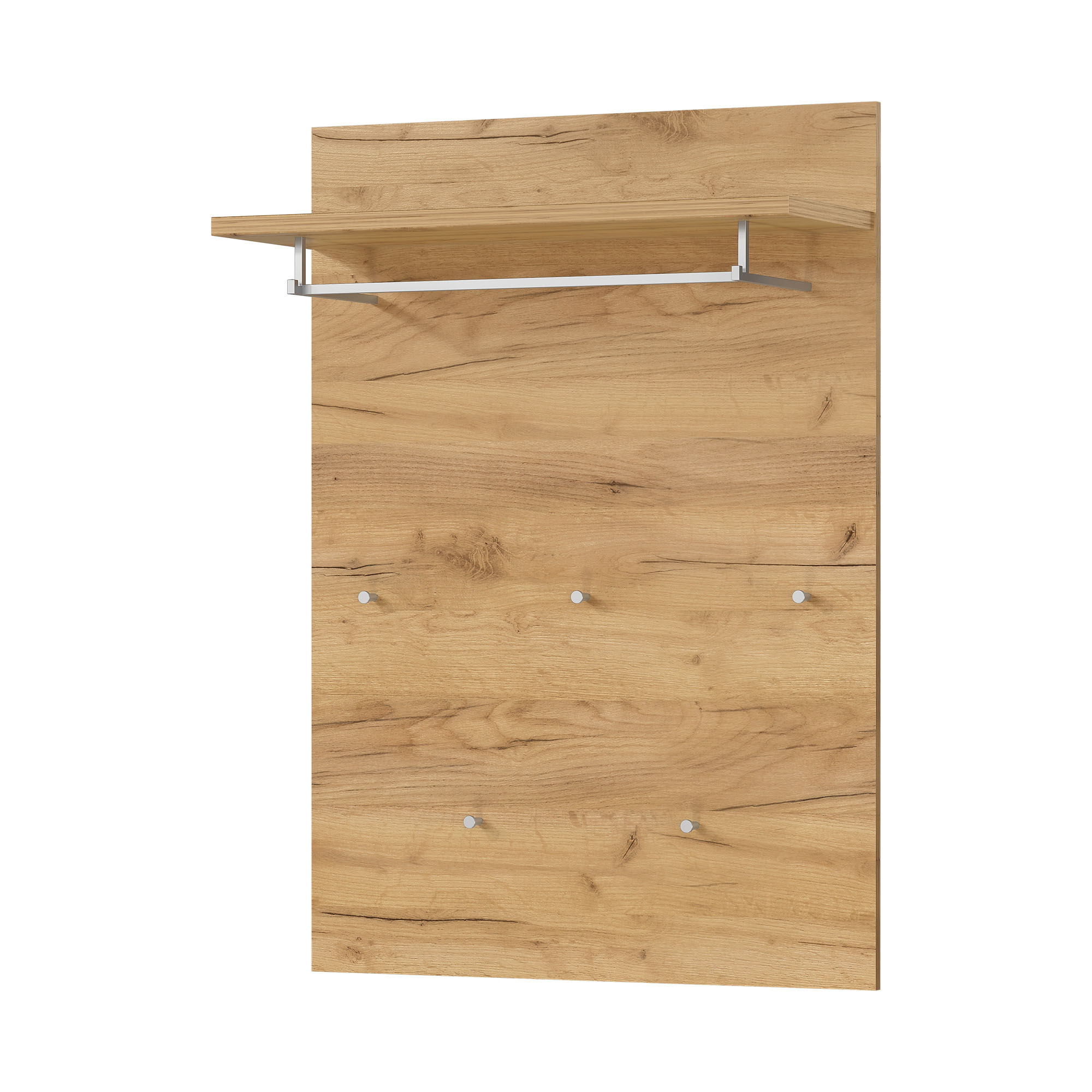 Frontansicht eines Garderobenpaneels aus Holzoptik mit Ablagefläche und Metallkleiderstange