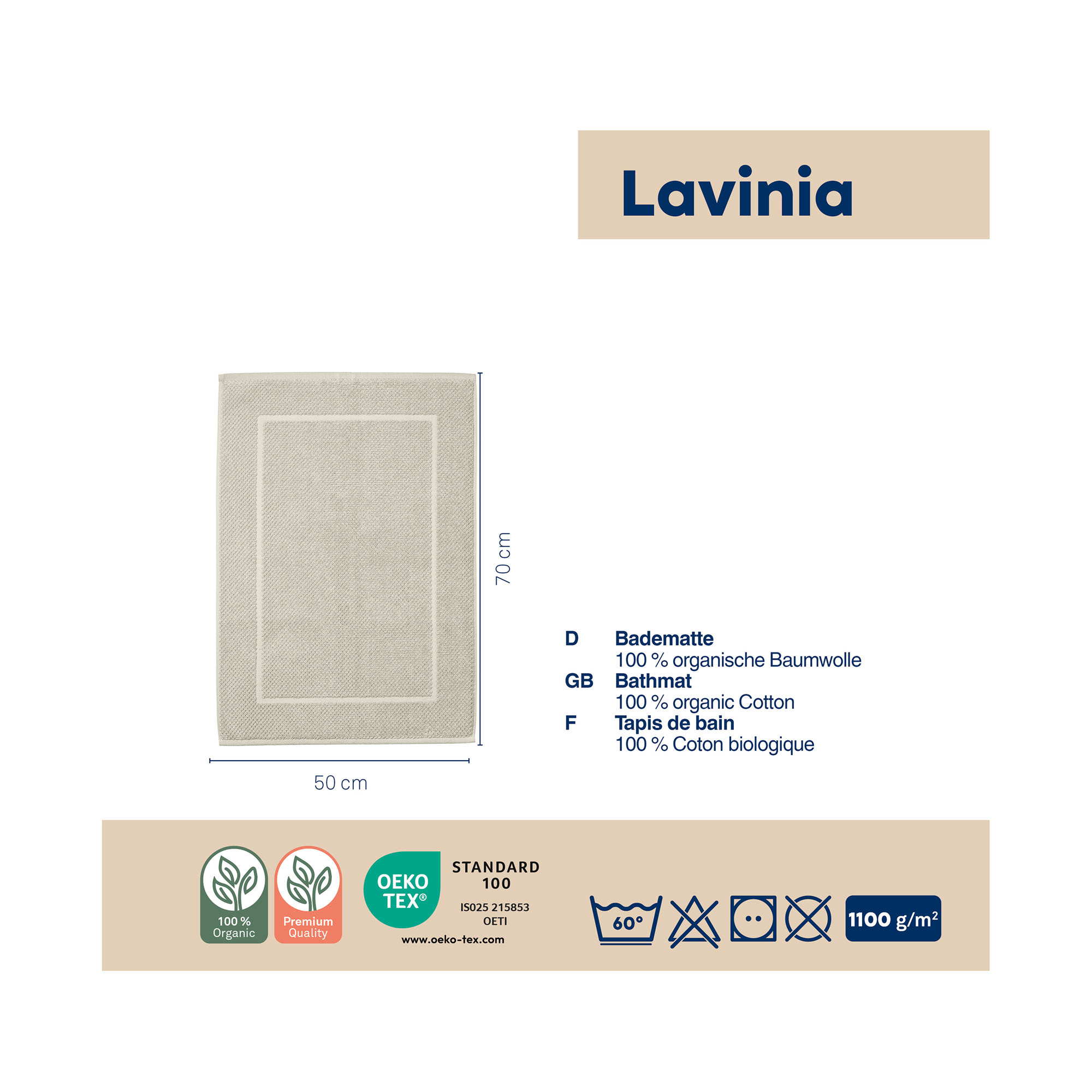 Informationsgrafik mit Badvorleger Lavinio in Offwhite und ergänzenden Angaben zu Material und Produkteigenschaften