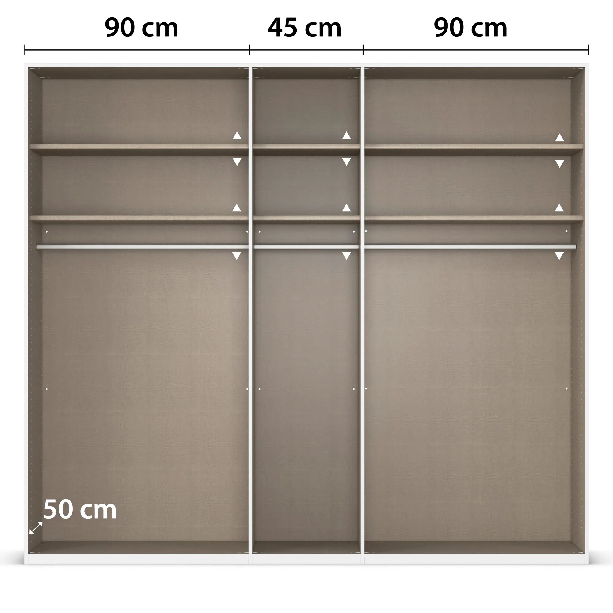 Innenansicht eines 5-türigen Kleiderschranks mit drei Fächern, Kleiderstangen und Einlegeböden, mittleres Fach 45 cm breit