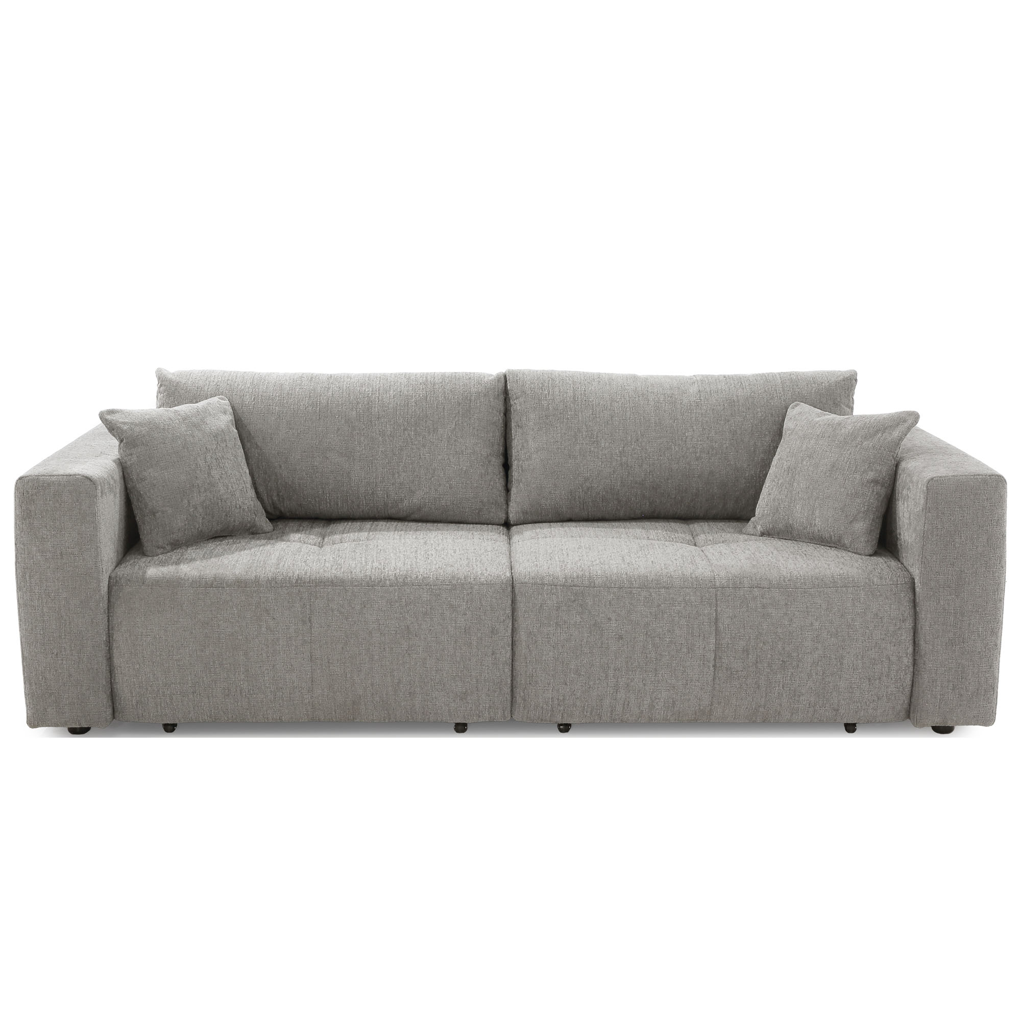 Modernes graues Schlafsofa mit breiten Armlehnen und zwei passenden Zierkissen vor hellem Hintergrund
