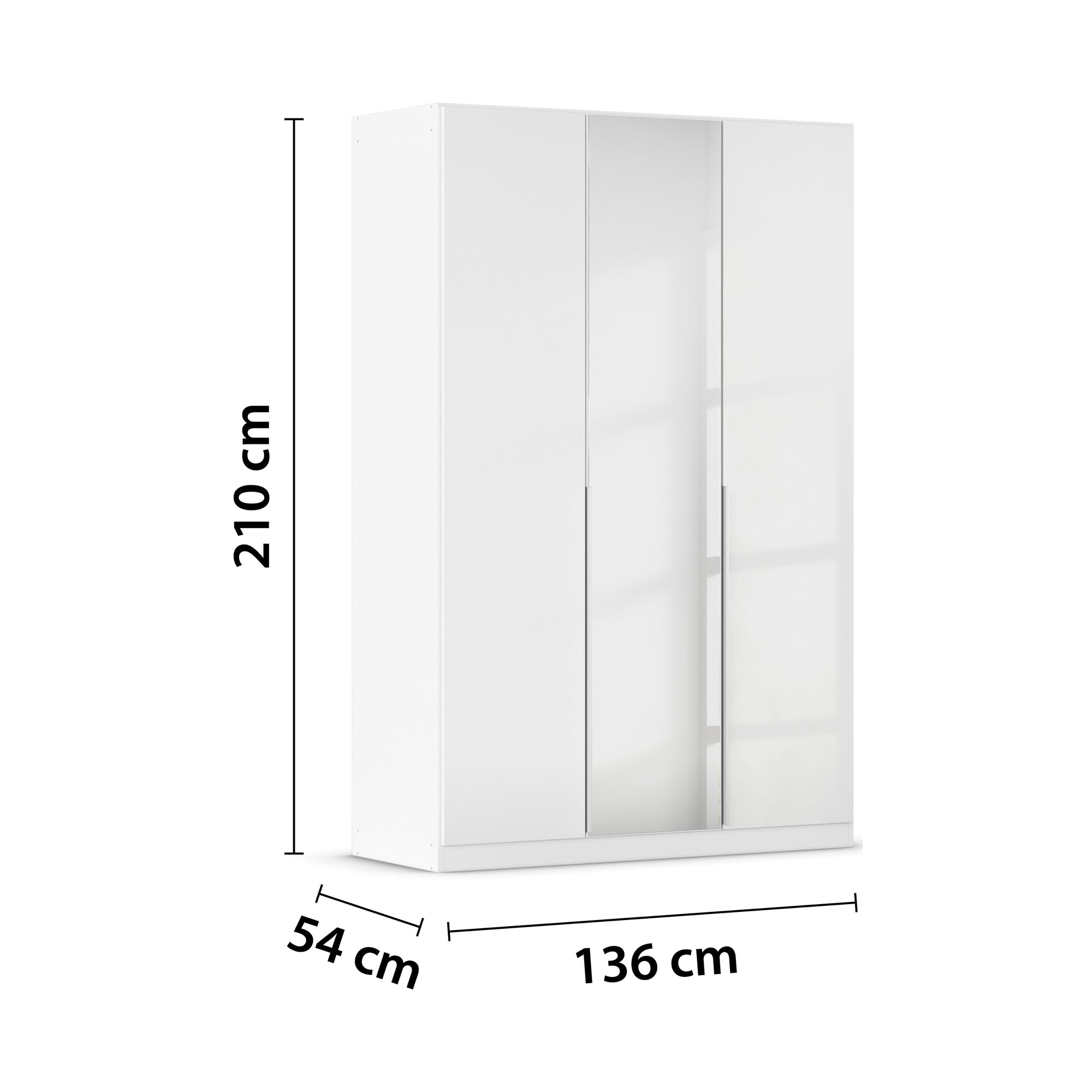 Weißer Drehtürenschrank in Hochglanz mit Spiegeltür und den Maßen 136 cm Breite, 210 cm Höhe und 54 cm Tiefe