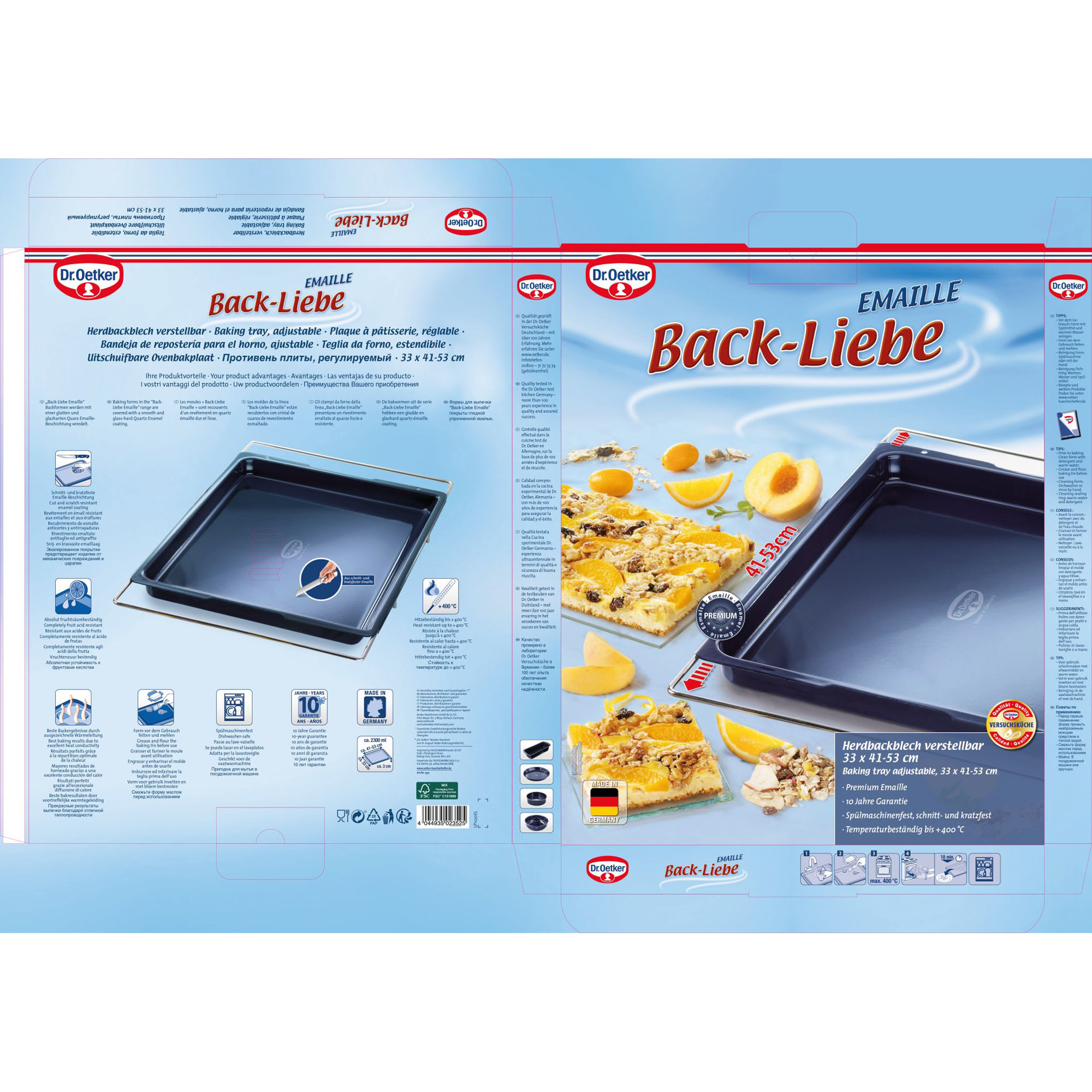 Verpackung des verstellbaren Emaille Backblechs mit Produktinformationen und Anwendungsbeispielen