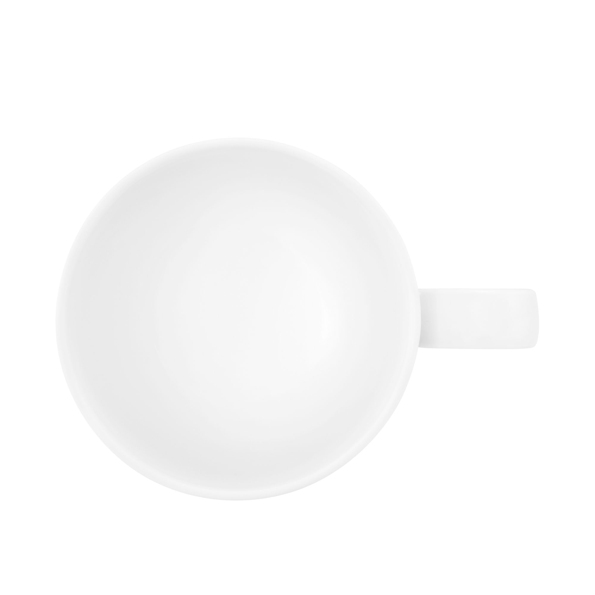 Tasse in Weiß. Sichtbare Merkmale: niedrige geradlinige Form mit Henkel. Darstellung: Draufsicht.