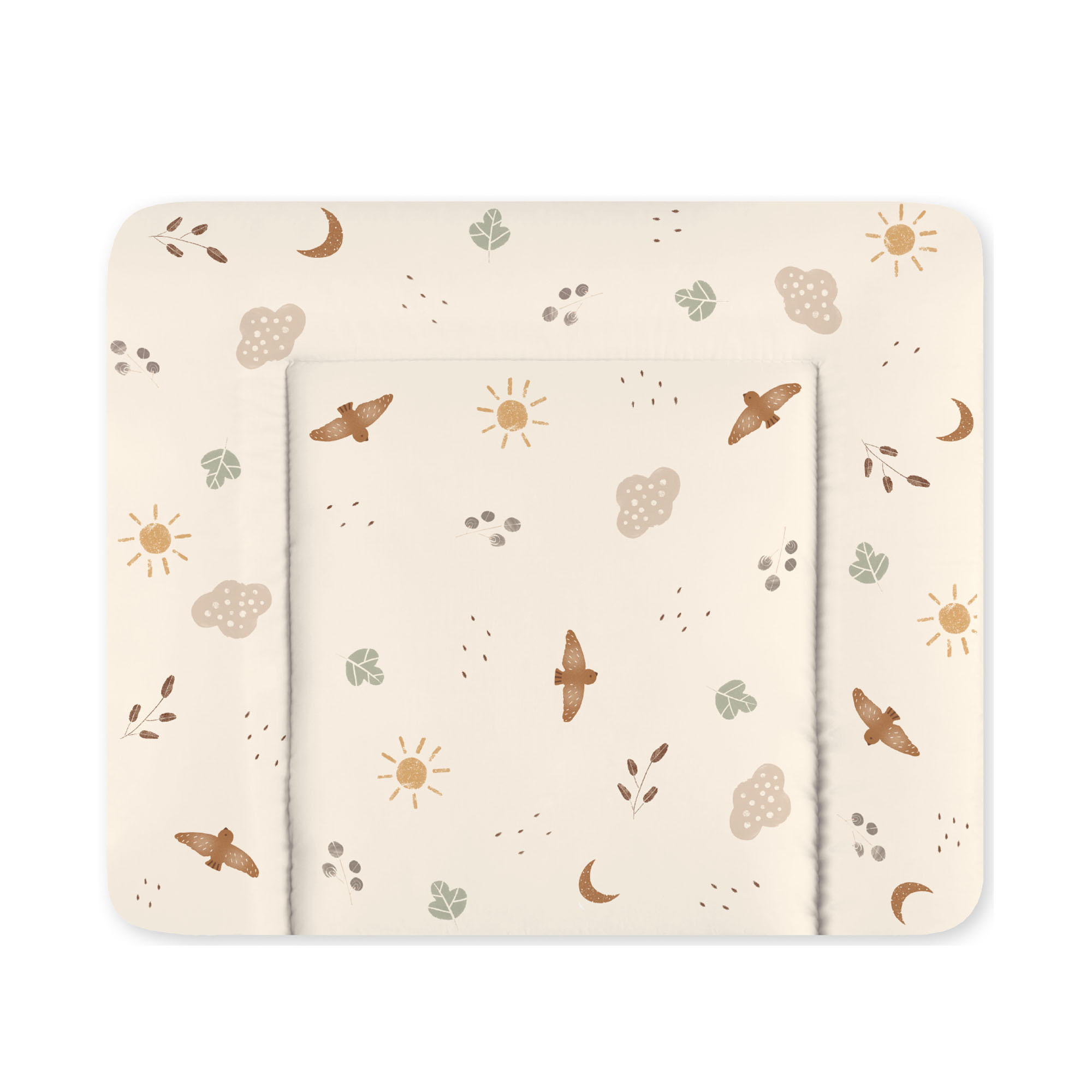 Rechteckige Wickelauflage in Beige mit Vogel-, Sonnen-, Wolken- und Blattmotiven in Naturfarben