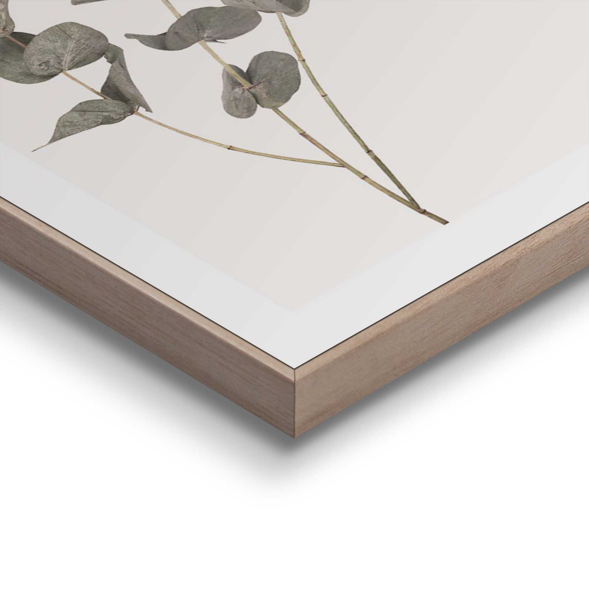 Detailaufnahme einer Ecke des Wandbilds „Eucalyptus“, 40 × 50 cm; Oberfläche, Kante und Materialstärke sind sichtbar.