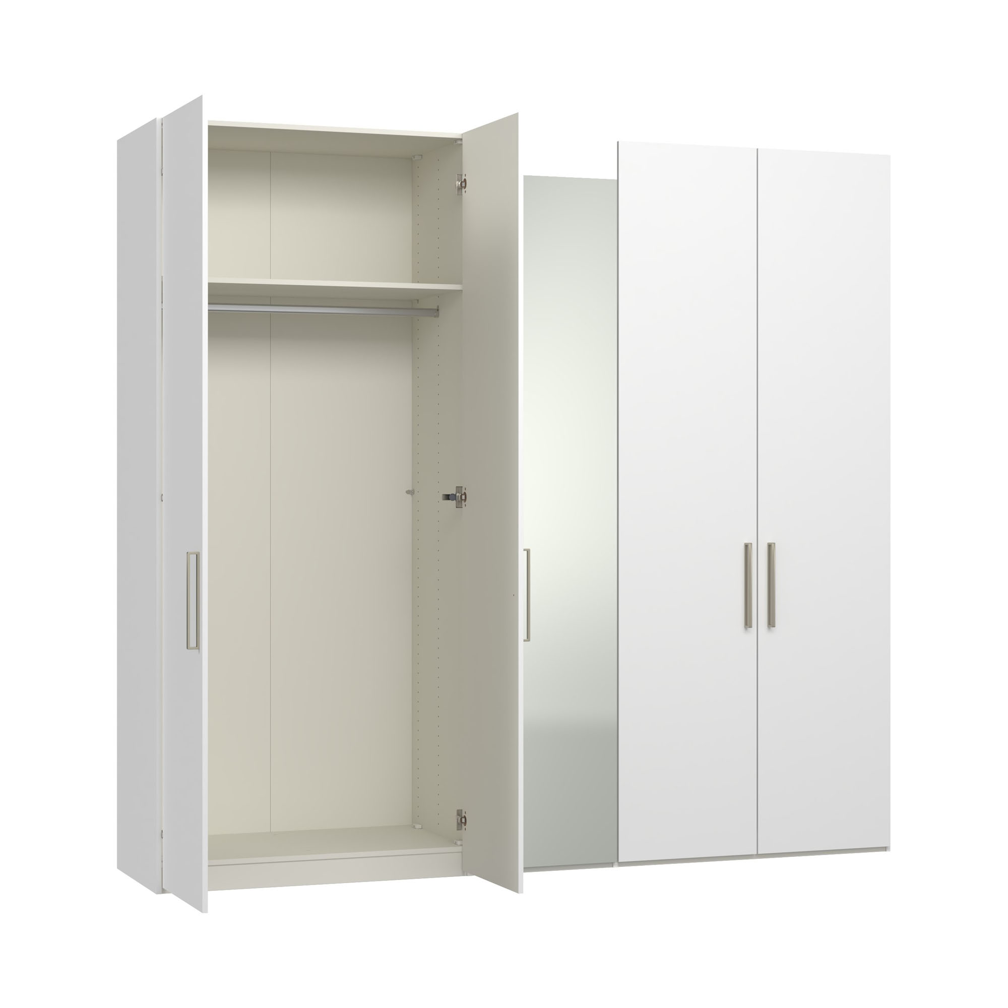 Drehtürenschrank mit geöffneter linker Tür und sichtbarem Innenraum mit Fachboden und Kleiderstange