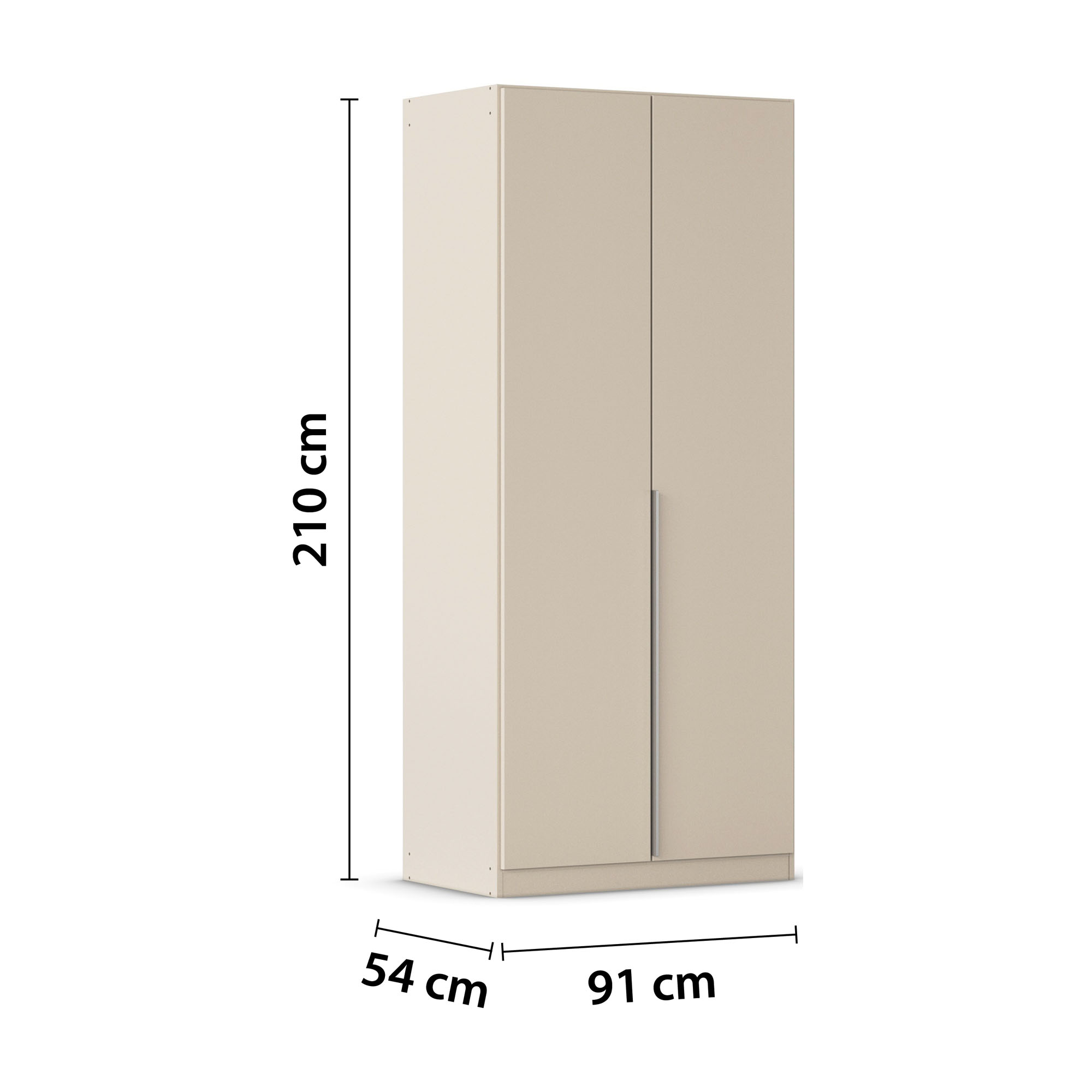 Champagnerfarbener Kleiderschrank mit eingezeichneten Gesamtmaßen von 210 cm Höhe, 91 cm Breite und 54 cm Tiefe