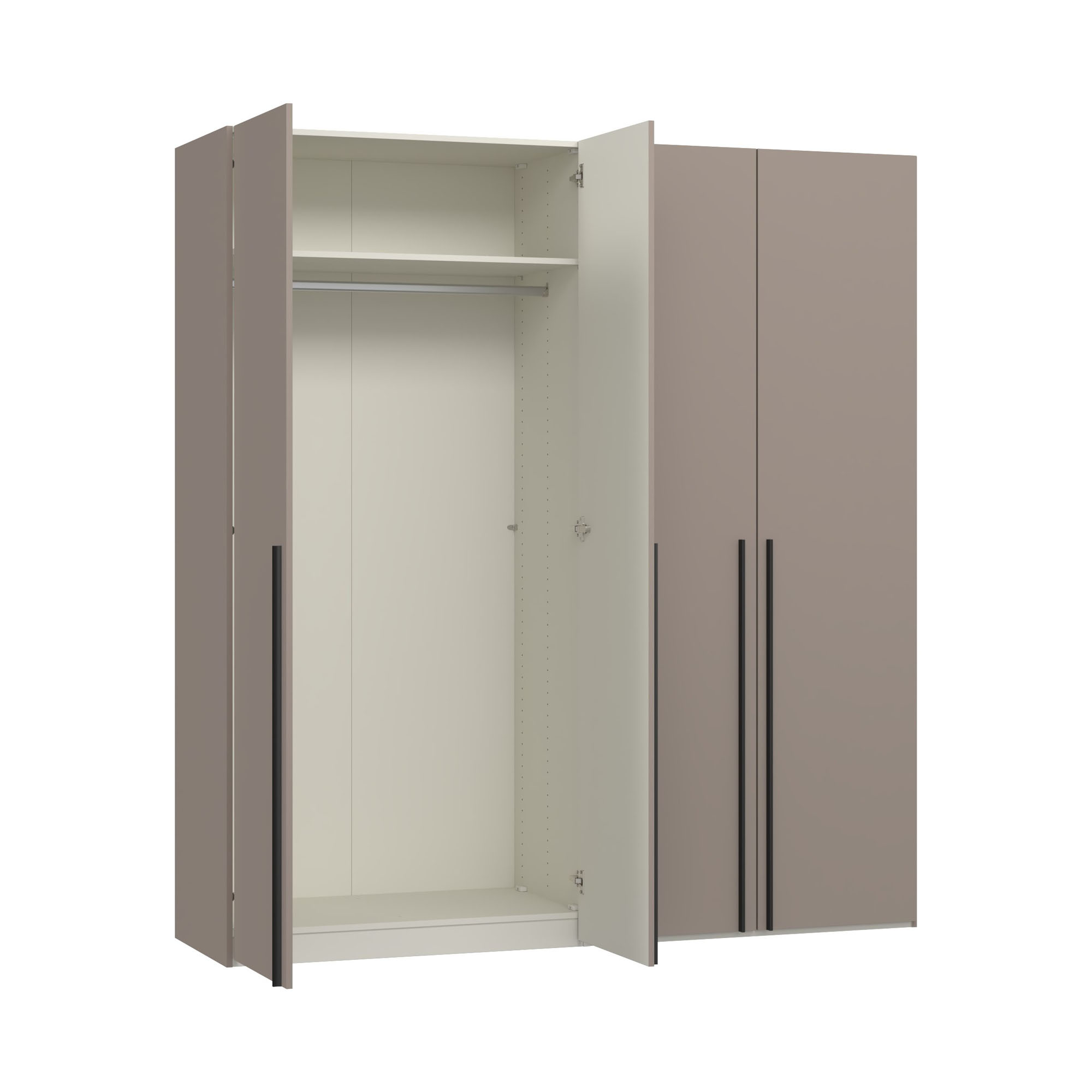 Viertüriger Kleiderschrank mit links geöffneter Tür und sichtbarem Innenraum mit Stauraumaufteilung