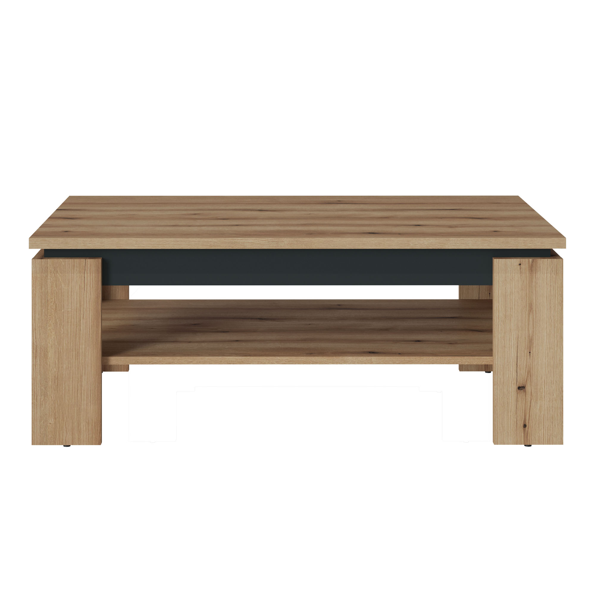 Rechteckiger Couchtisch Coast in Evoke Eiche mit Kosmos Grau und praktischem Ablageboden für Zeitschriften und Wohnaccessoires