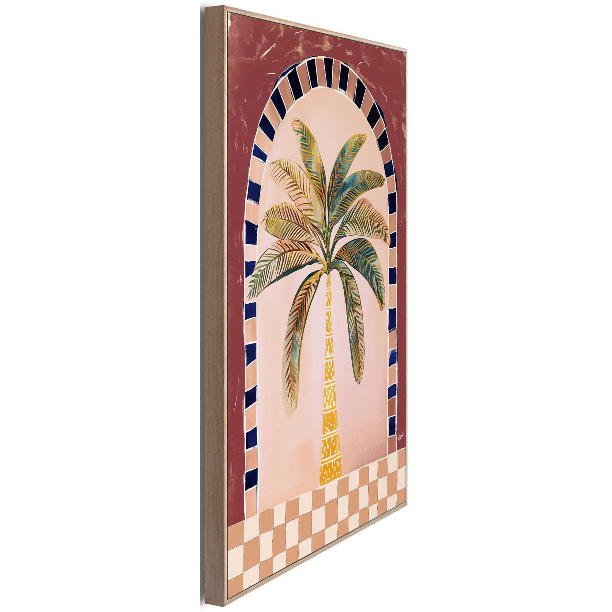 Seitliche Schrägansicht des Wandbilds „Boho Palm“, 30 × 40 cm; Profil, Kante und Tiefe des Bildes sind erkennbar.