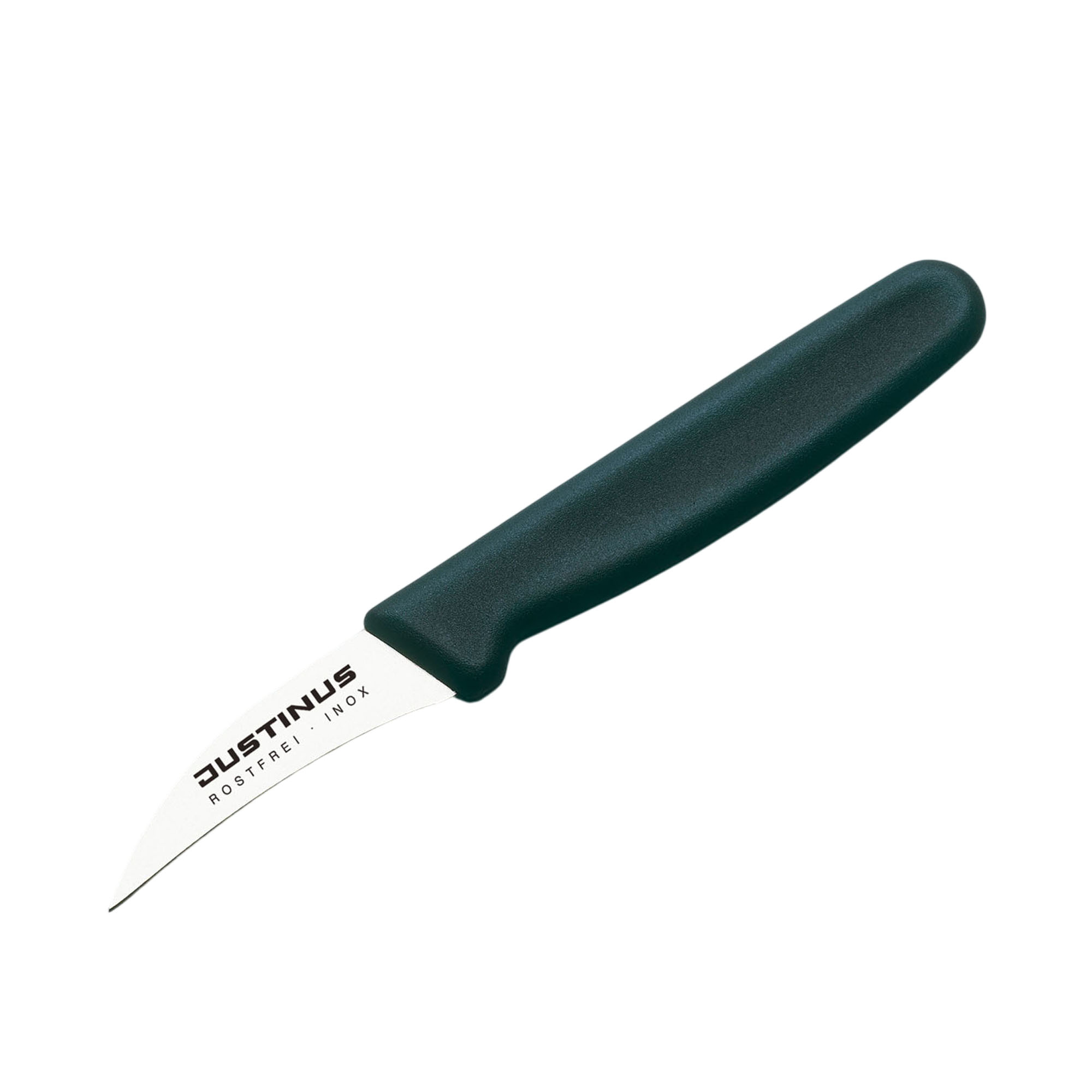 Küchenmesser, gebogen 7 cm FineCut: kleines gebogenes FineCut Küchenmesser mit schwarzem Kunststoffgriff und kurzer heller Klinge.