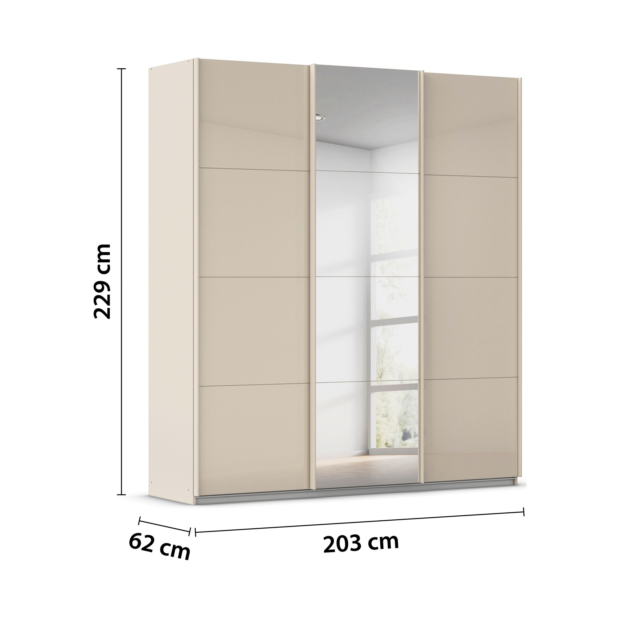 Champagnerfarbener Schwebetürenschrank mit Glas-Außentüren und Spiegeltür mittig mit Maßangaben Breite 203 cm, Höhe 229 cm und Tiefe 62 cm