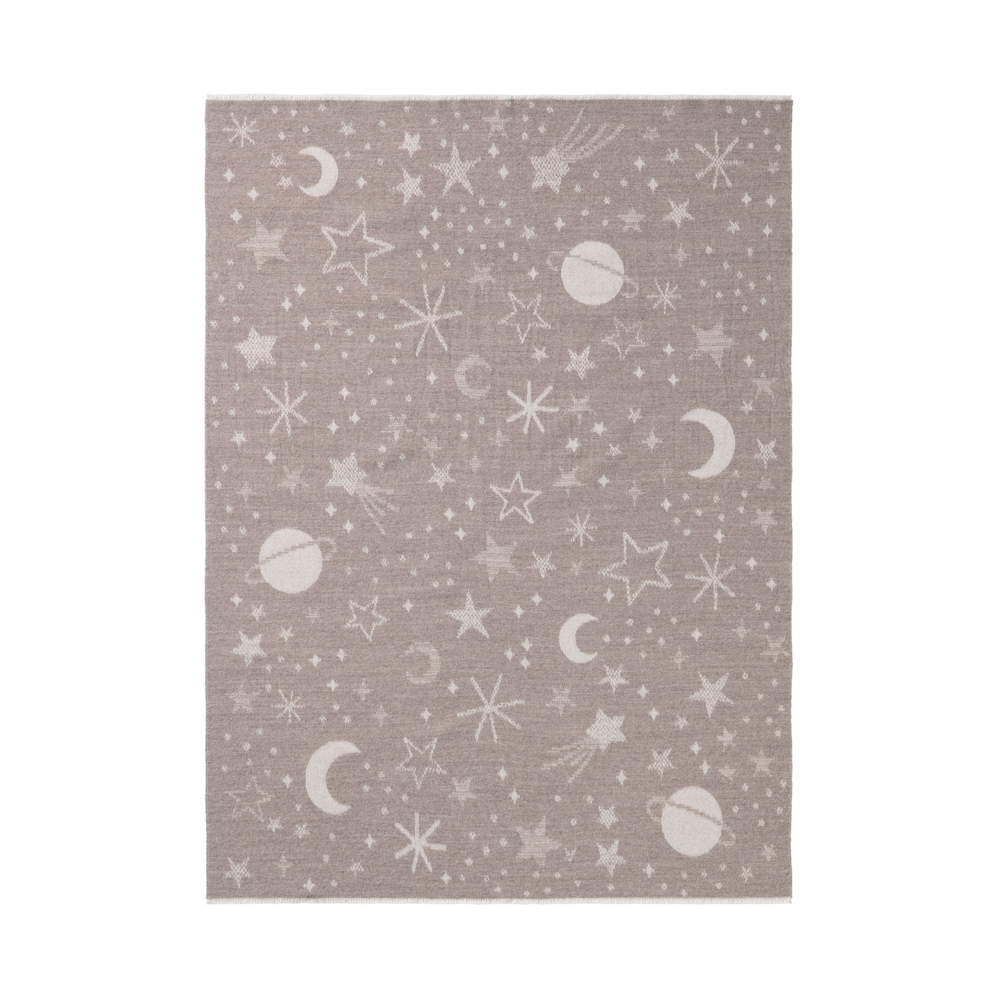 Babydecke Universe taupe mit Monden, Sternen, Punkten und kleinen Himmelsmotiven auf taupefarbenem Grund.