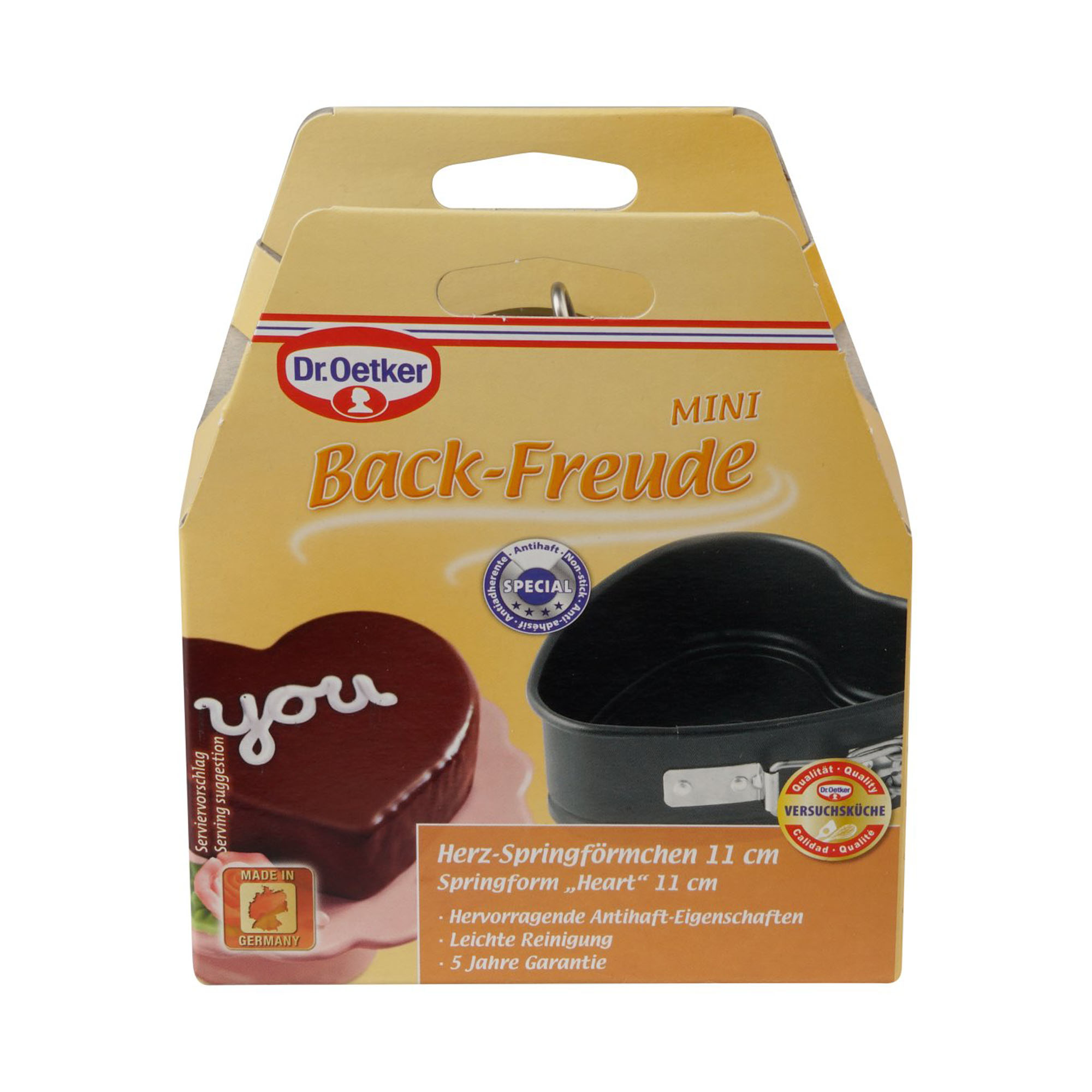 Verpackung der Dr Oetker Herz Springform 11 cm mit abgebildetem Herzkuchen